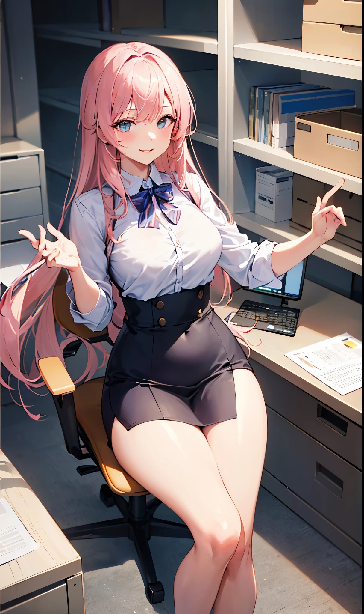 slim, (wide hips, thick thighs), scared, slender, looking at viewer, bound arms, arms behind back, (dress shirt, tie, pencil skirt), in office building, (masterpiece), (best quality:1.2), absurdres, intricate details, (highly detailed skin:1.2), <lora:bound_arms_v1-000006:1>, heterochromia,