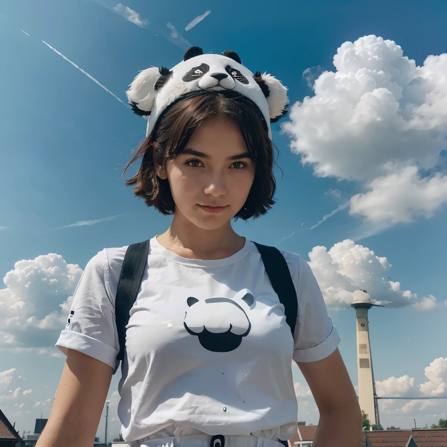 Meisterwerk, top quality, Filmische Standbilder, A girl, Im Himmel schweben, cloud girl, Wolken, (Nahaufnahme: 1.1), Hell, Happy, having fun, Sanfte Beleuchtung, (Bauhaus, Form, Linie, abstrakt: 1.1), Panda-Ohren