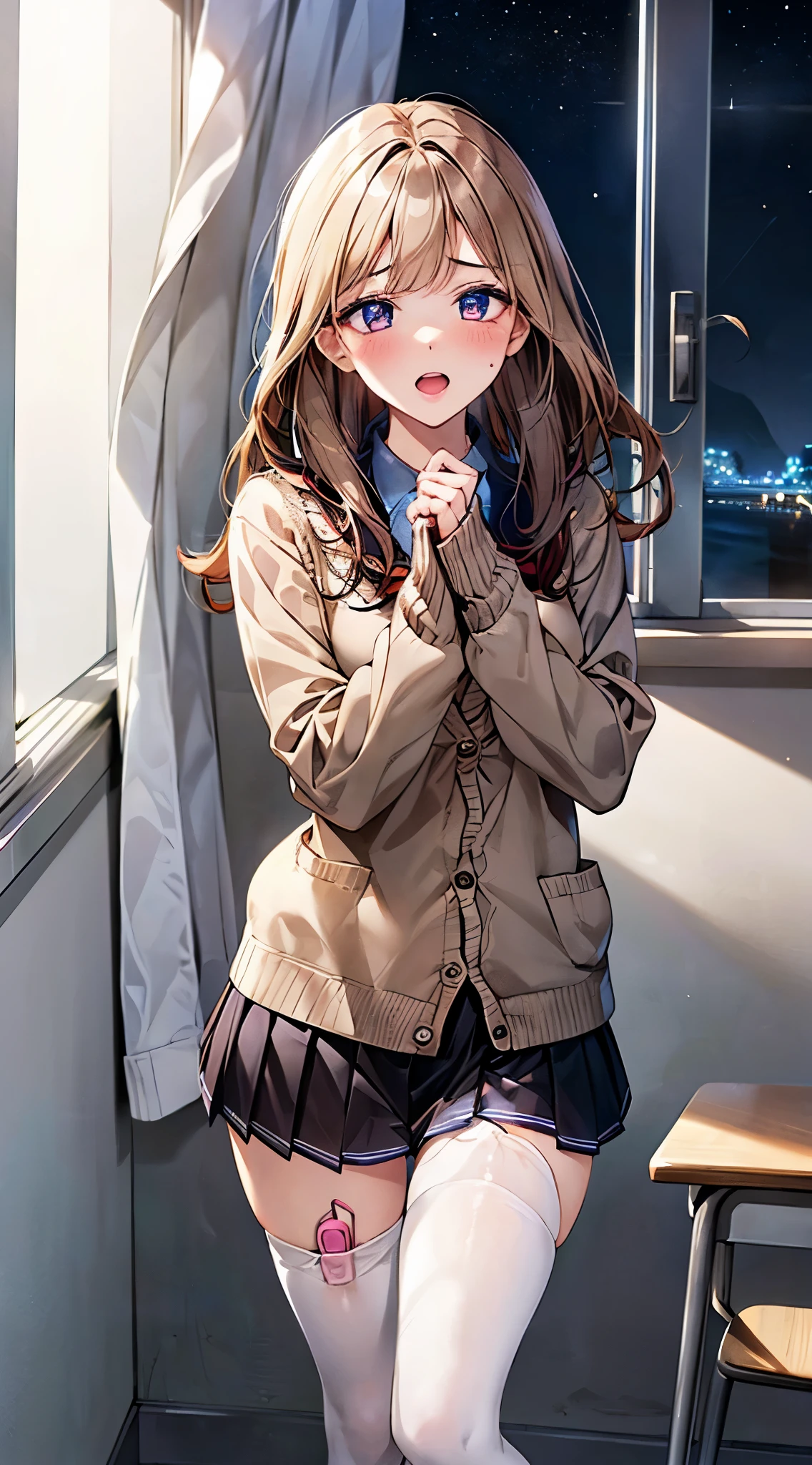 (masterpiece:1.2, quality), (actual, photoactual:1.4), beautiful插图, (natural side lighting, movie lighting), National Science Foundation,
looking at the audience, cowboy shooting, Front view:0.6, 1 girl, , high School girl, perfect face, Cute and symmetrical face, shiny skin,
(long hair:1.8, straight hair:1.7, blond), asymmetrical bangs, purple eyes, (:1.1, thick hairy thighs, pretty face, Beautiful and delicate eyes, beautiful锁骨, beautiful身体, beautiful, beautiful大腿, beautiful legs, beautiful手指,
((light blue collared shirt, Navy pleated miniskirt, sock, naval, Light brown cardigan, white stockings)), pink beautiful scenery), night, School, classroom, curtain, permanent, lean forward, Put your hands on, vibrator in stockings, ((ahegao, ashamed, open mouth)), ,