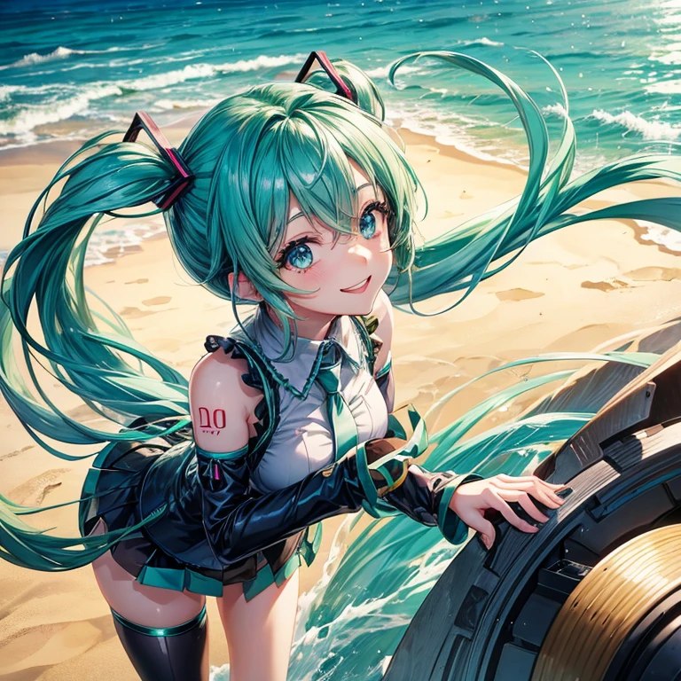 anime、beautiful girl、Hatsune Miku、green hair、blue eyes twintails、smile、green eyebrows