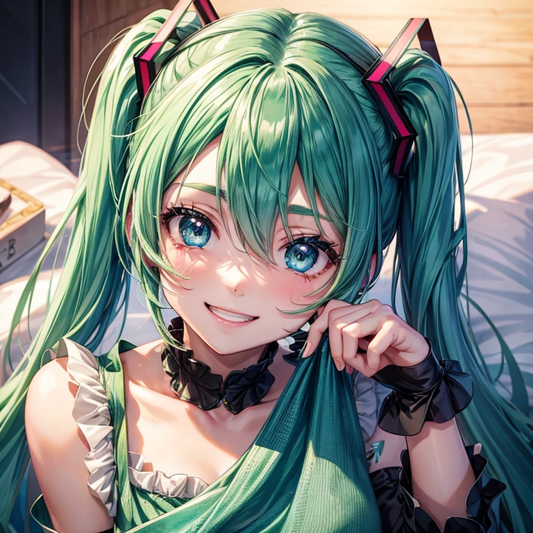 anime、beautiful girl、Hatsune Miku、green hair、blue eyes twintails、smile、green eyebrows