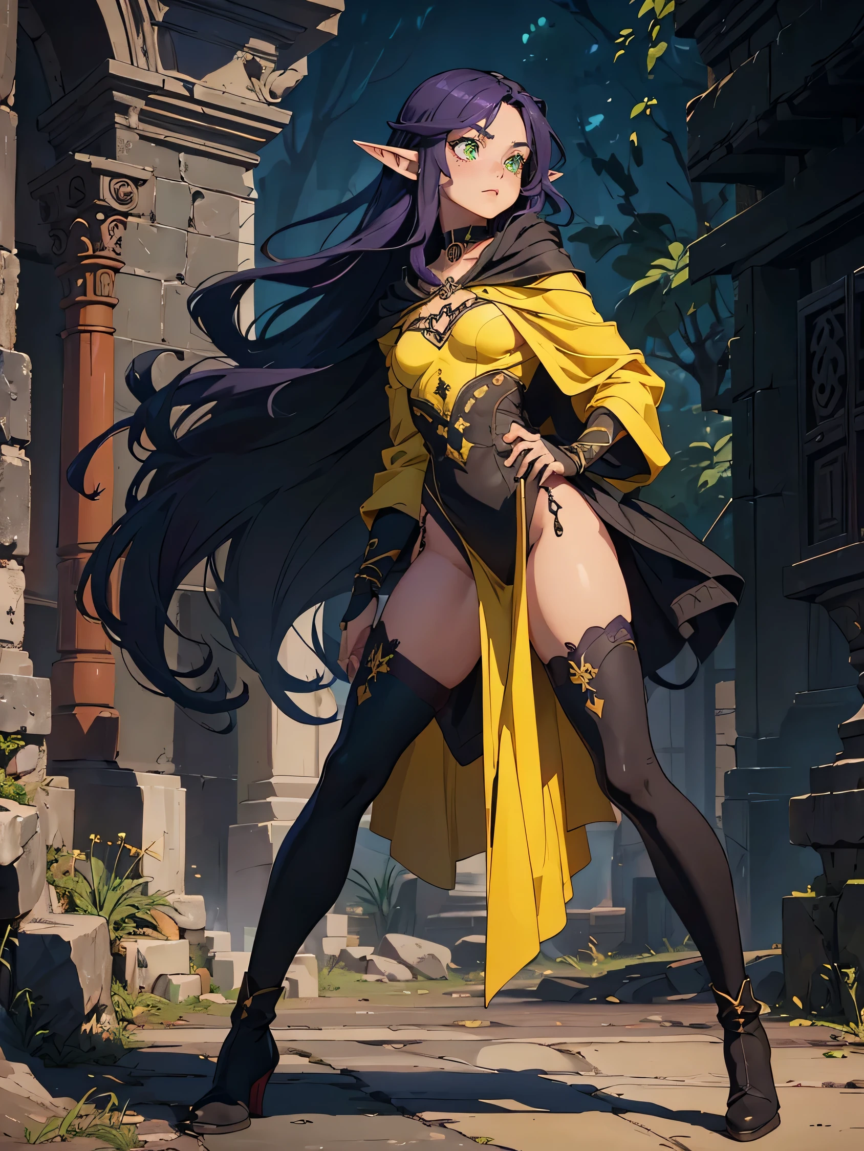 masterpiece, high quality, spacious underground ancient ruins, (1_women), (full body), (exotic skin_complexion), mature, (((timid pose))), beautiful, exotic, with long elf ears, (looking away from the camera), ((timid expression)), ((scared)), wearing (((yellow))) hooded cloak), hood down, yellow cloak, black choker, (thigh highs) with purple embroidery, long fingerless leather gloves, ((small breast)), black dress, bright purple hair, long hair, wavy hair, realistic and detailed face having (((green_eyes)), dark_eyeliner, long_eyelashes), natural dynamic lighting casts detailed shadows, knee high dark brown boots, arms together in a frighten pose, 