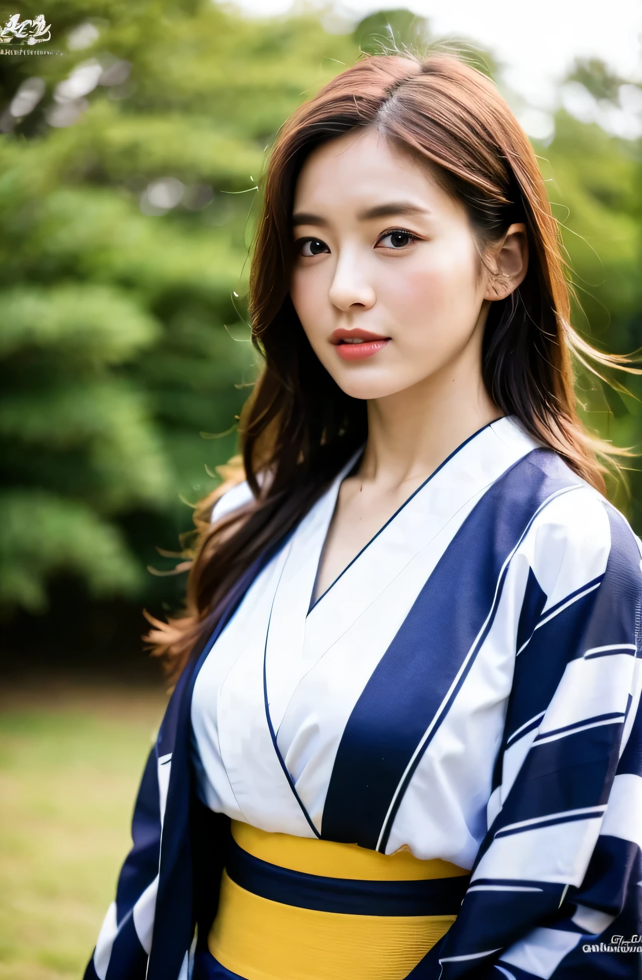 ((Best Quality, 8K, Masterpiece: 1.3)), Sharp Focus: 1.2, (Super Beautiful Face: 1.0), (Slender Abs Beauty: 1.0), (Shiny Skin: 1.0), Realistic Photography, Black Hair, Realistic Pupils, Video Lighting, High Definition Eyes and Face, Video Lighting, (Cowboy Shot: 1.3), (Kimono, Hakama, Obi: 1.4), (Korean Cute Actress), Traditional Kimono, Happiness, In Nature, Look at the audience, from the front, big