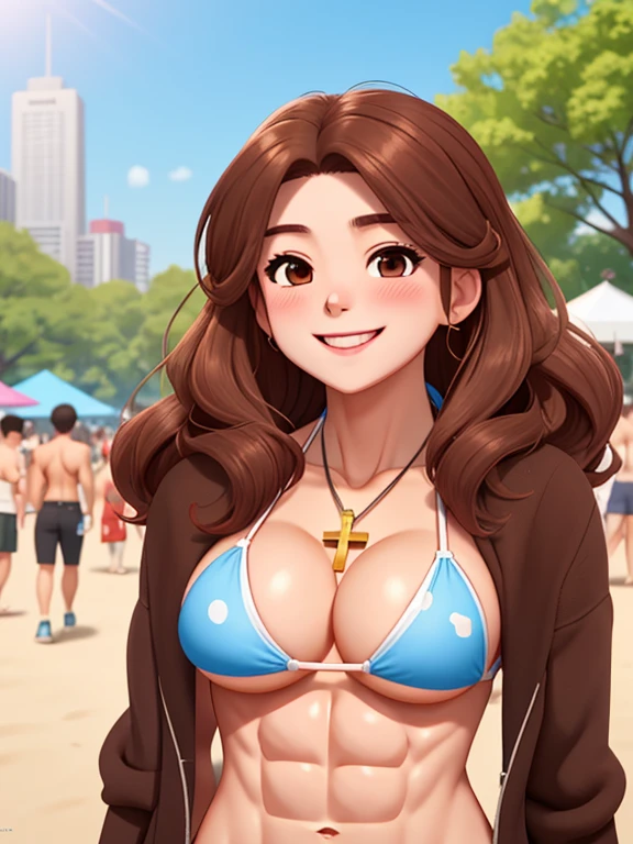 attractive korean woman, ripped muscle, muscular body, small breast, pale skin, smile(blush), bikini, cross pendant, sixpack abs, [ultra detailed skin:1.2], brown hair, wavy hair, 8k uhd, full body, crowd, public, park,