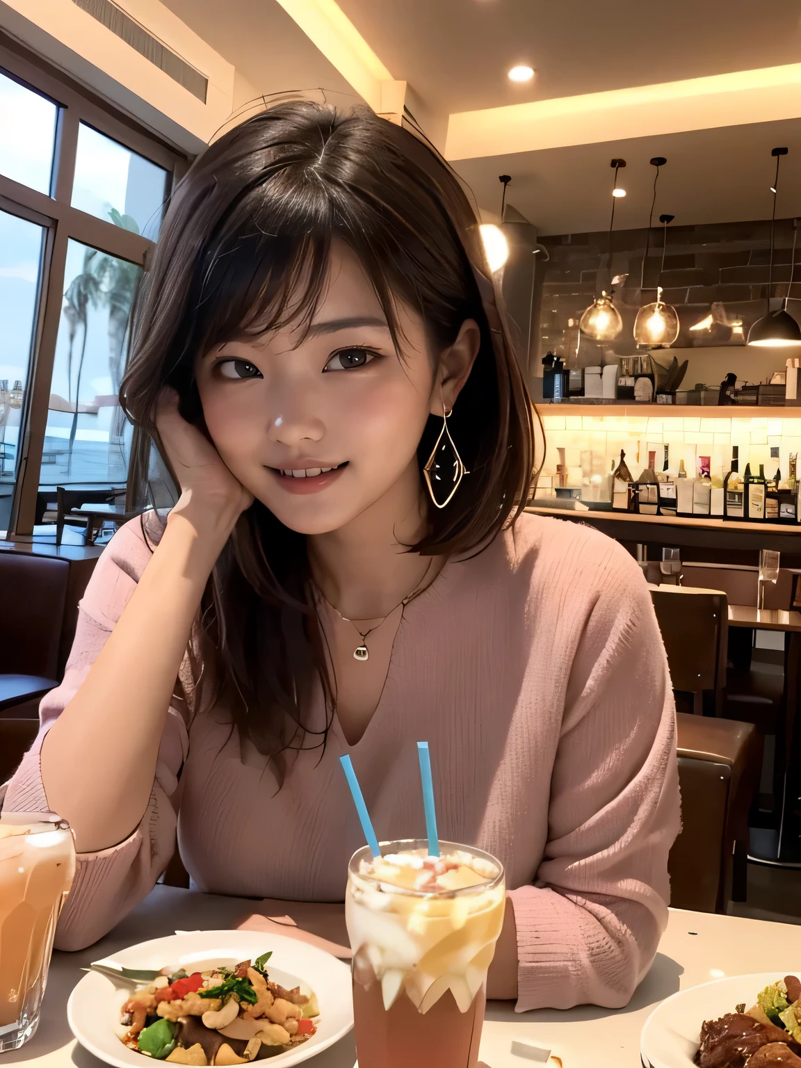 angle from below, a woman has light-brown-skin, round face, blush, short-hair, casual-clothes, blouse, swollen nipples, tiny stud earrings, in the restaurant, foods, drinks, (combing her hair herself), smile, got drank a bit, ceiling, floor, large window has a bay harbor view,