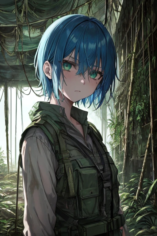 1 teenage girl, blue hair, green eyes, Face focus, short hair, side lock, Fear的,(Fear:1.1) Express,Explorer, mood lighting, moody, In an ancient ruin in the jungle, dusty, post-apocalyptic, spider web, superb, Beautiful 8k wallpaper, Very detailed, complex