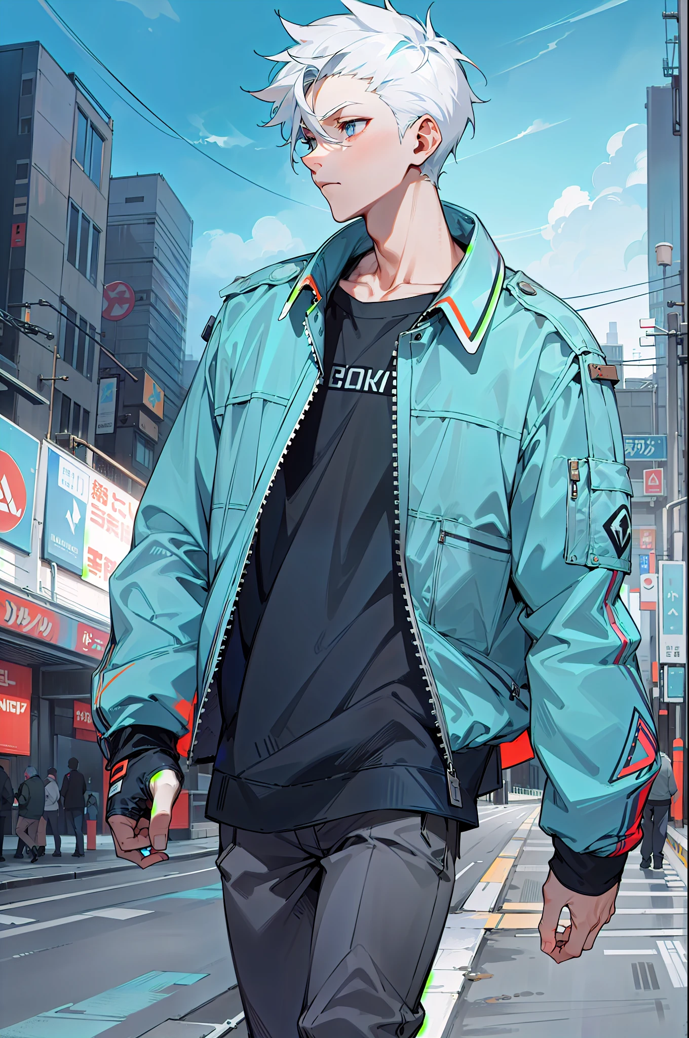 young male, white hair, short hair, messy spikey hair, silver eyes, casual clothing, light blue tech jacket, black pants, expressionless, city background, walking on path, vibrant colors