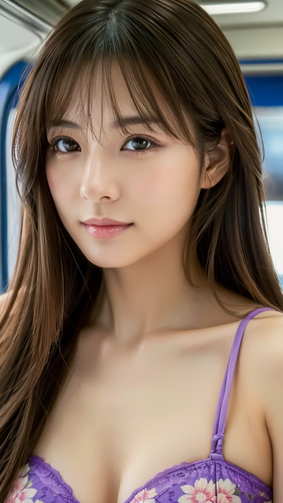 (((muste piece,It's photorealistic))), (((8K,best quality: 1.4))), ((super detail: 1.4)) , Beautiful woman,Japanese,25 years old,inside the train,Ultra-detailed facial features, expressive face, detailed texture, Natural Skin Shader, Full body,ultra high resolution,綺麗なJapanese女性,(purple bra,floral pattern,best quality),realistic eyes,realistic skin,golden ratio,long hair,1girl