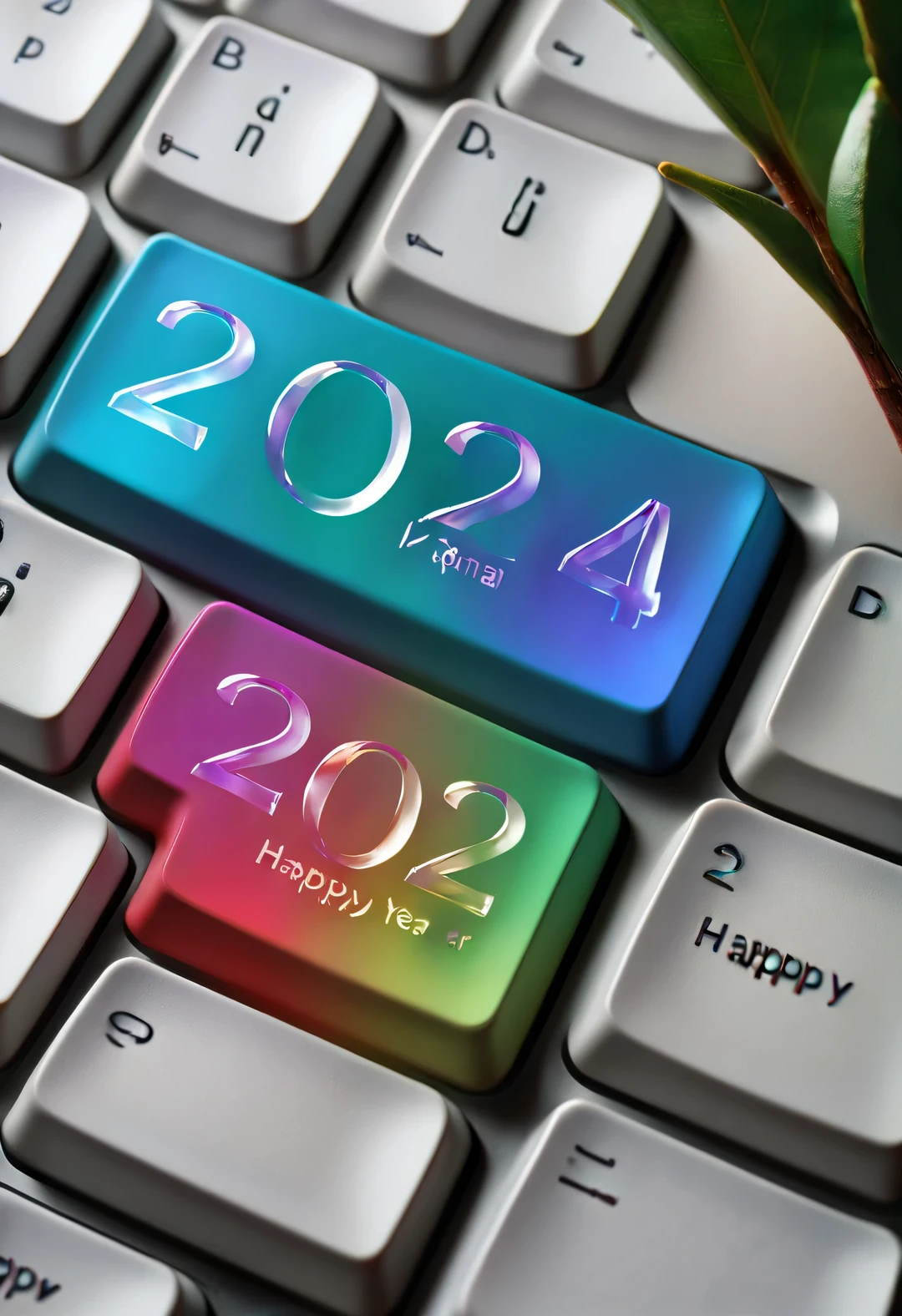 The colorful and transparent keyboard reads "2024" and "Happy New Year",