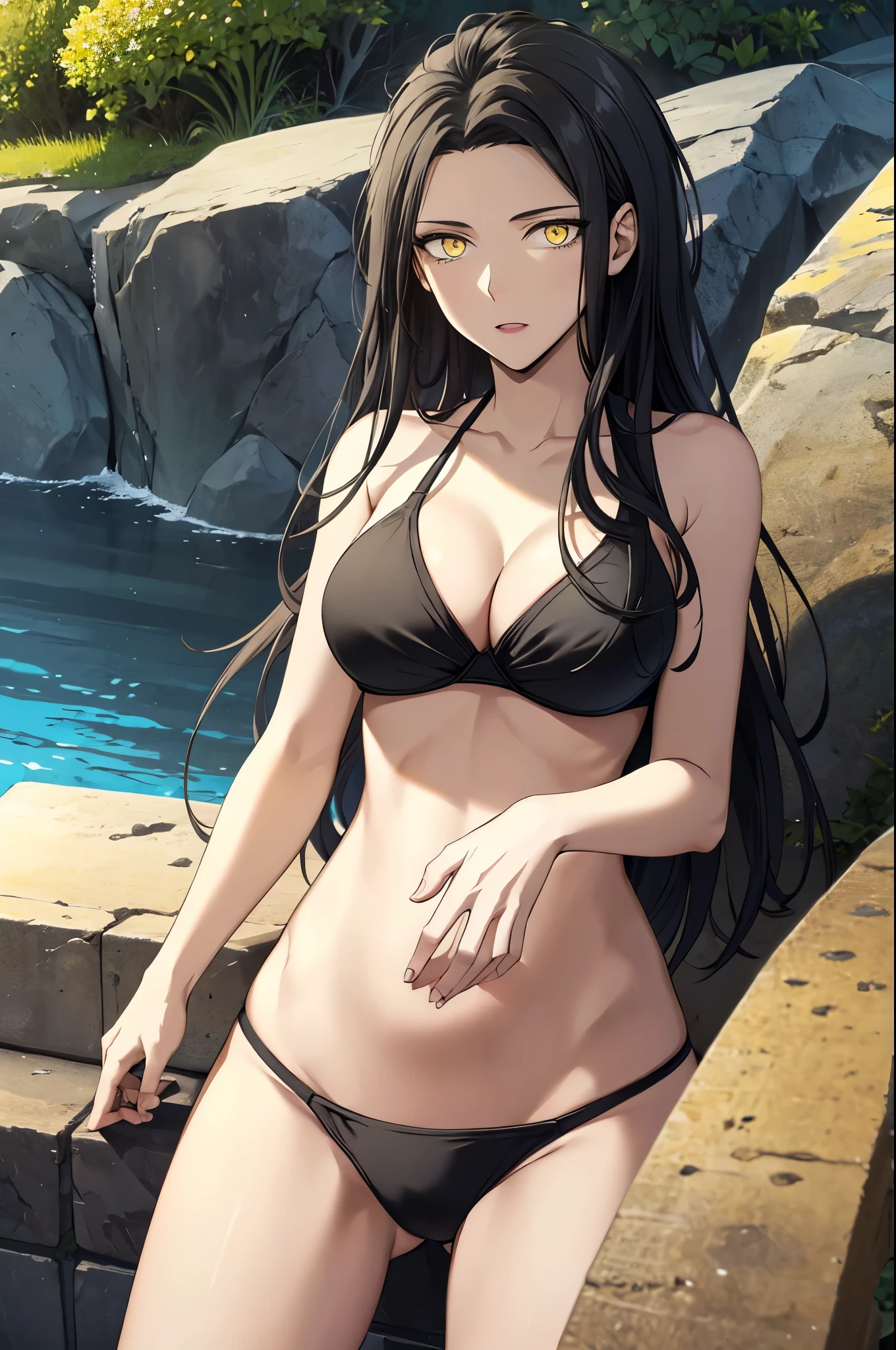 black hair,yellow eyes,(high quality eyes),masterpiece, best quality, high quality, highres, outdoors, looking at viewer, (((black bikini))), cleavage, sleeveless, Jenny, tall female,