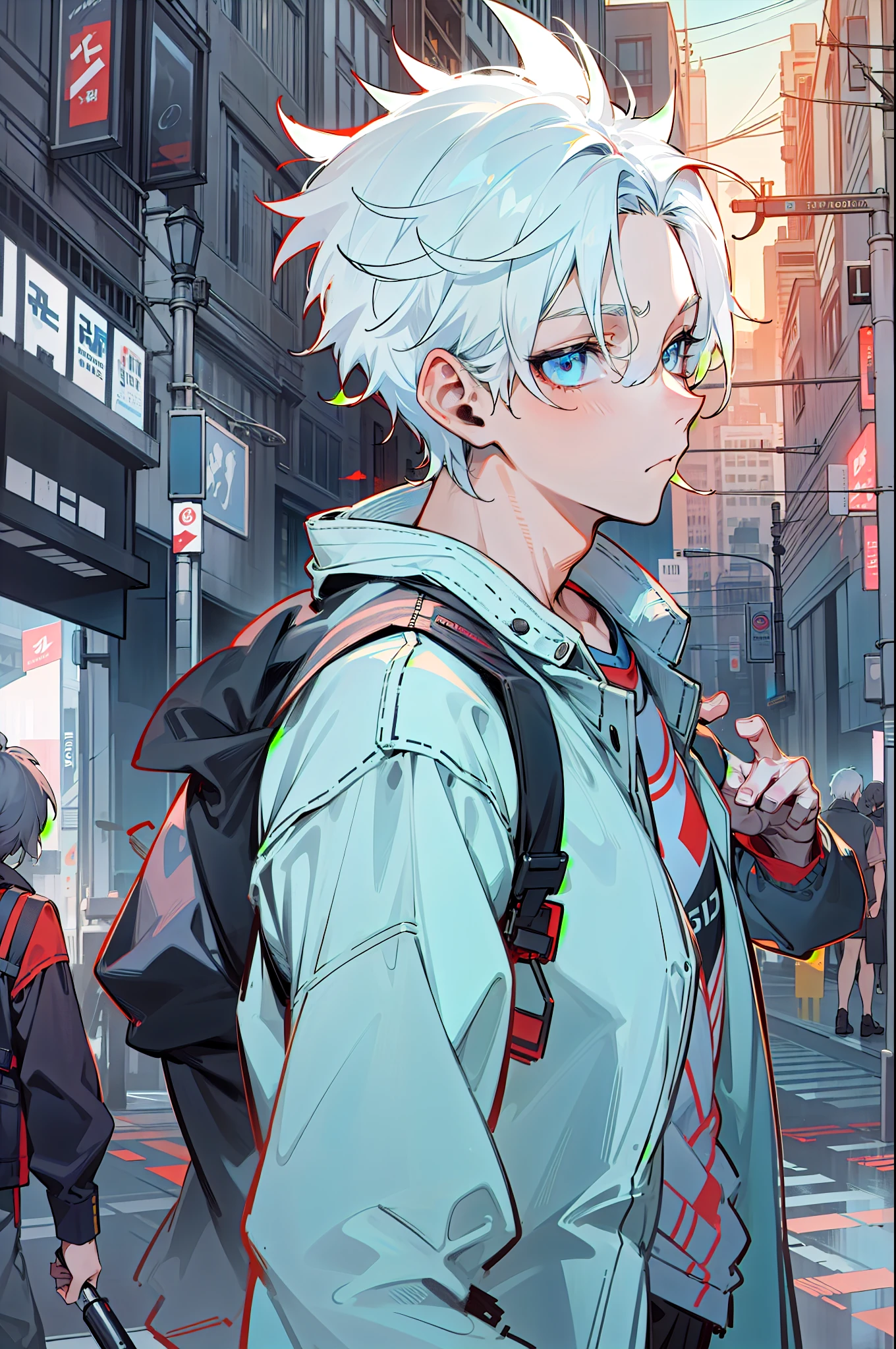 young male, white hair, short hair, messy spikey hair, silver eyes, casual clothing, light blue tech jacket, black pants, expressionless, city background, walking on path, vibrant colors