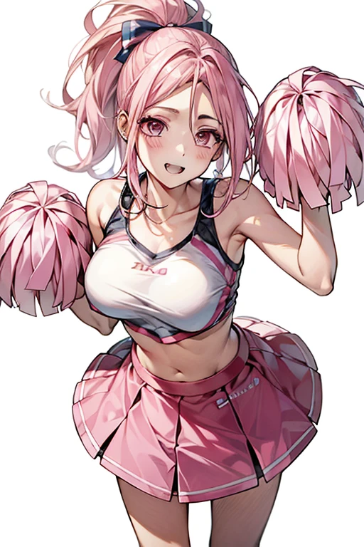 1 girl, game CG, sleeveless white cheerleader, lower breasts visible, navel visible, short red skirt, gigantic breasts, pink hair, long hair, ponytail, princess hairstyle, ahoge, pink eyes, out of school , blue sky, tree, jump, smile, open mouth,