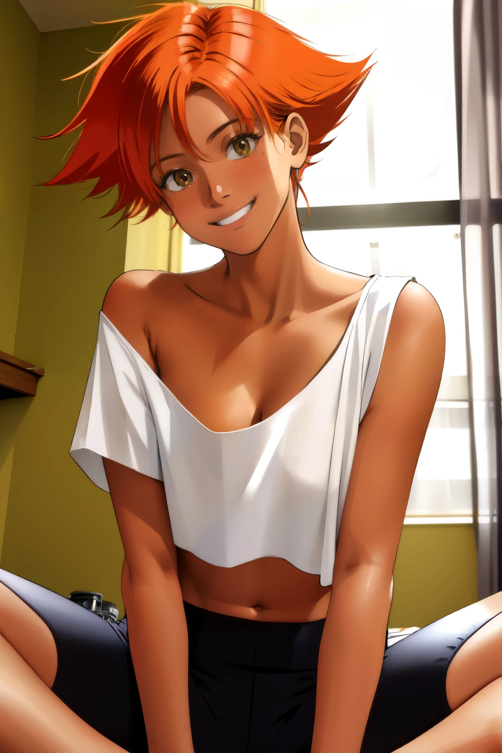 Edward,midriff,orange hair,white shirt,off shoulder,collarbone,tan skin, black bike shorts,goggles, brown eyes, bedroom, upper body,sitting,smiling, under boob, cropped shirt, breasts, cleavage (insanely detailed, beautiful detailed face, masterpiece, best quality), navel, wide hips, Green bra, hands on boobs