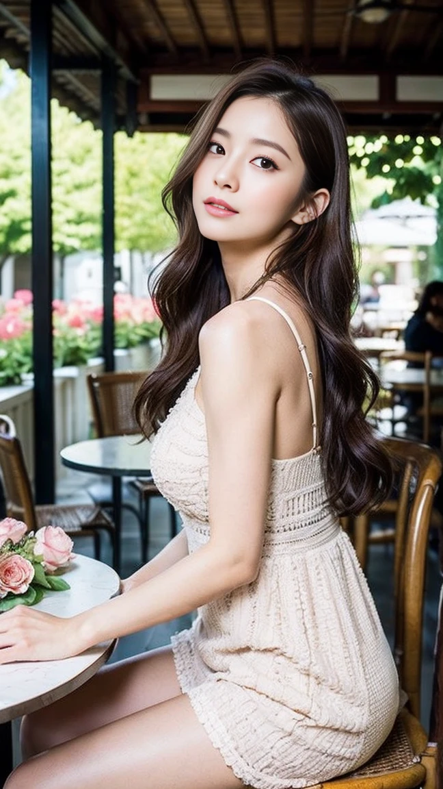 dark brown hair、light brown eyes、Japanese actress face、 lady、looks like him;I'm about 40 years old、(intricate details:1.2)、(Which is the top?:1.4)、 (Super high resolution:1.2)、Super high resolution、(finely tuned)、(detailed facial features)、nffsw、8K resolution、D cup size breasts、long hair、Paris、Parisのカフェ、White flowers bloom at the entrance of the cafe.、Cafe entrance surrounded by flowers、sitting on a chair on the terrace of a cafe、leaning on the back of the chair、beautiful legs、full body photo、head to toe shot、