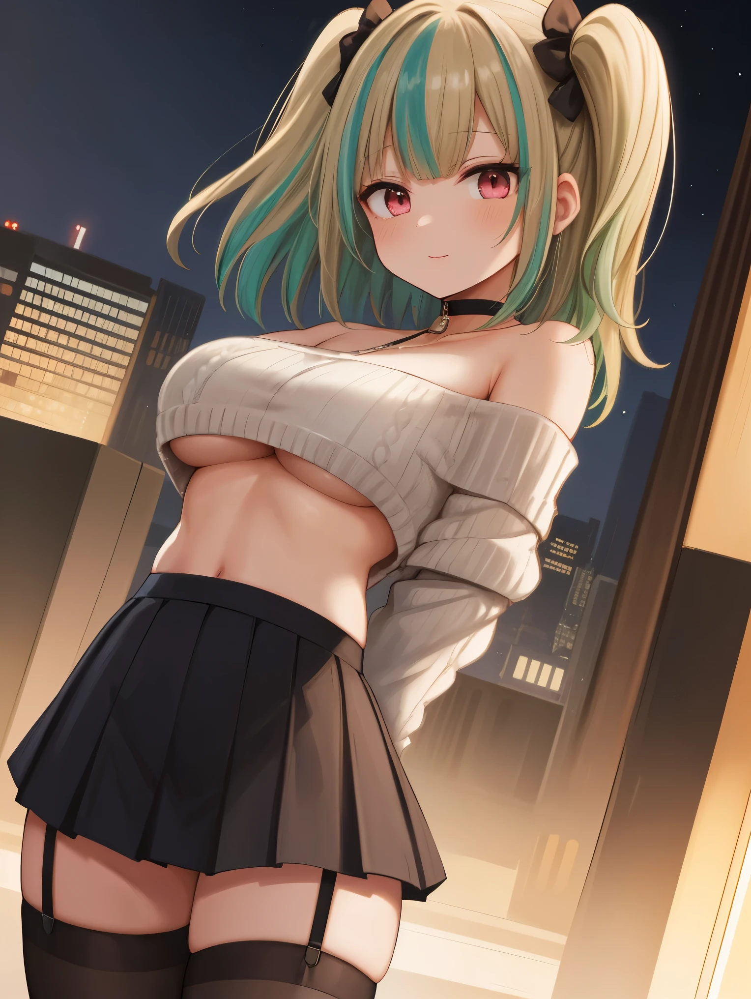 ((from front):1.5)(master piece:2.0)((little child young):1.75)((solo):1.75)((female:1.5)(adult (mature women):1.75)(adult (mature woman):1.65)(medium hair:2.0)((two side up hair):1.85)

BREAK ((clear pastel colors):1.55)

BREAK (((beige blonde) hair):1.6),((highlights hair ((light green) streaked hair)):1.65),((hair with light green tips as inner color):1.65)((huge breasts):1.75)((five fingers):1.5)((perfect hand):1.6)(perfect ???????:1.8)((perfect fingers):1.5)(adult (mature women 21 years old):1.85)(whole body:1.5),(focus on the sophisticated women:1),(Authentic skin texture:1)(slender body:1)((pink eyes):1.35),(clear eyes:1.5),(beatiful detailed eyes:1)(((standing) covered in ((down town) in the background)):1.5)((inside):1.5)((night time):2.0)
BREAK ((choker):1.6)((off-the-shoulder (cropped sweater):1.7))((under boobs):1.65)((no bra):1.4)((navel):1.2)((pleated skirt):1.65)((adult garter belt):1.2)((black thighhighs):1.65)
BREAK ((arms behind back):1.65)(delicate detailed face)((adult like face):1.7)(cute smile face):1.65)