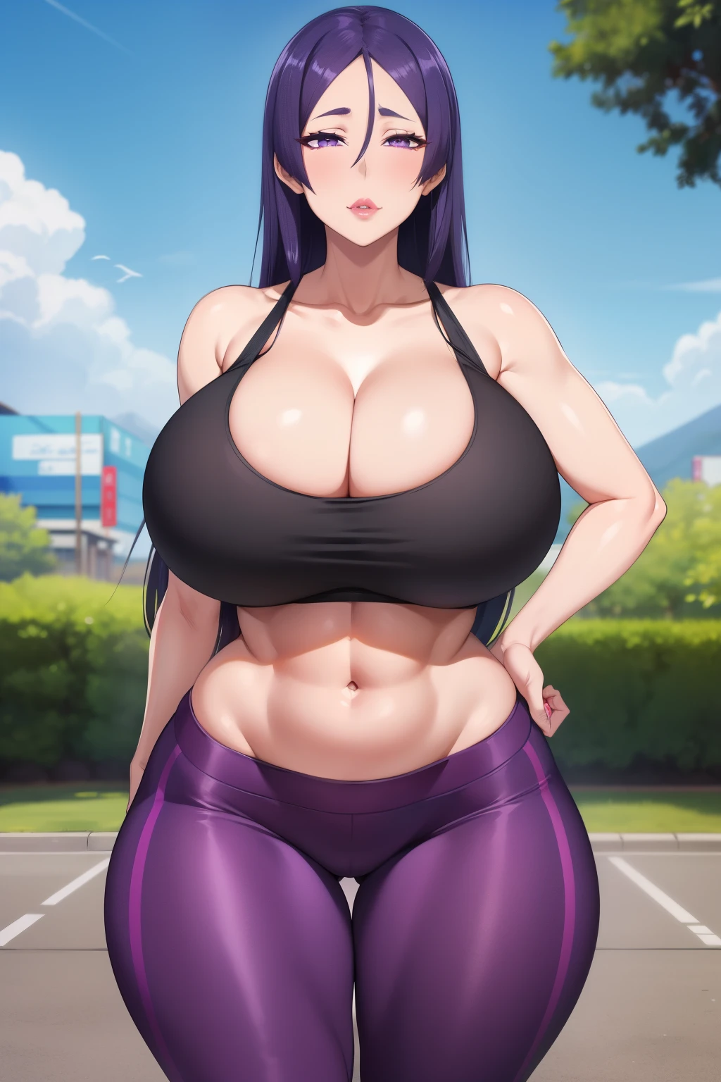 Minamoto no Raikou, (((bimbo))), purple long hair, purple eyes, perfect face, perfect eyes, looking at viewer, puffy lips, thick lips, wide hips, thick thighs, craving lust face, huge natural breasts, cleavage, mature mom, outdoors, yoga pants, sports bra, fakebreasts, navel