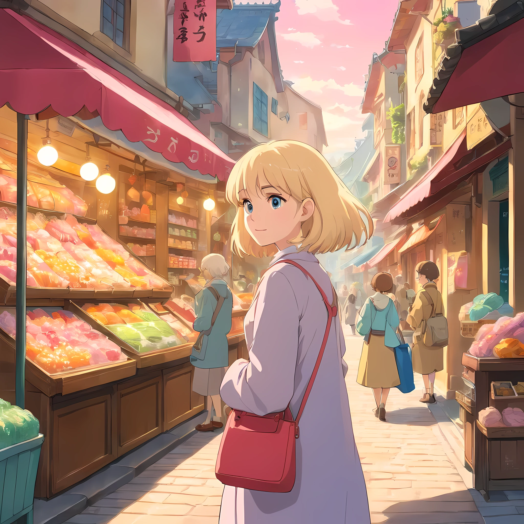A cute blond woman with pink eyes buying stuff in a pretty street rich of creative stalls