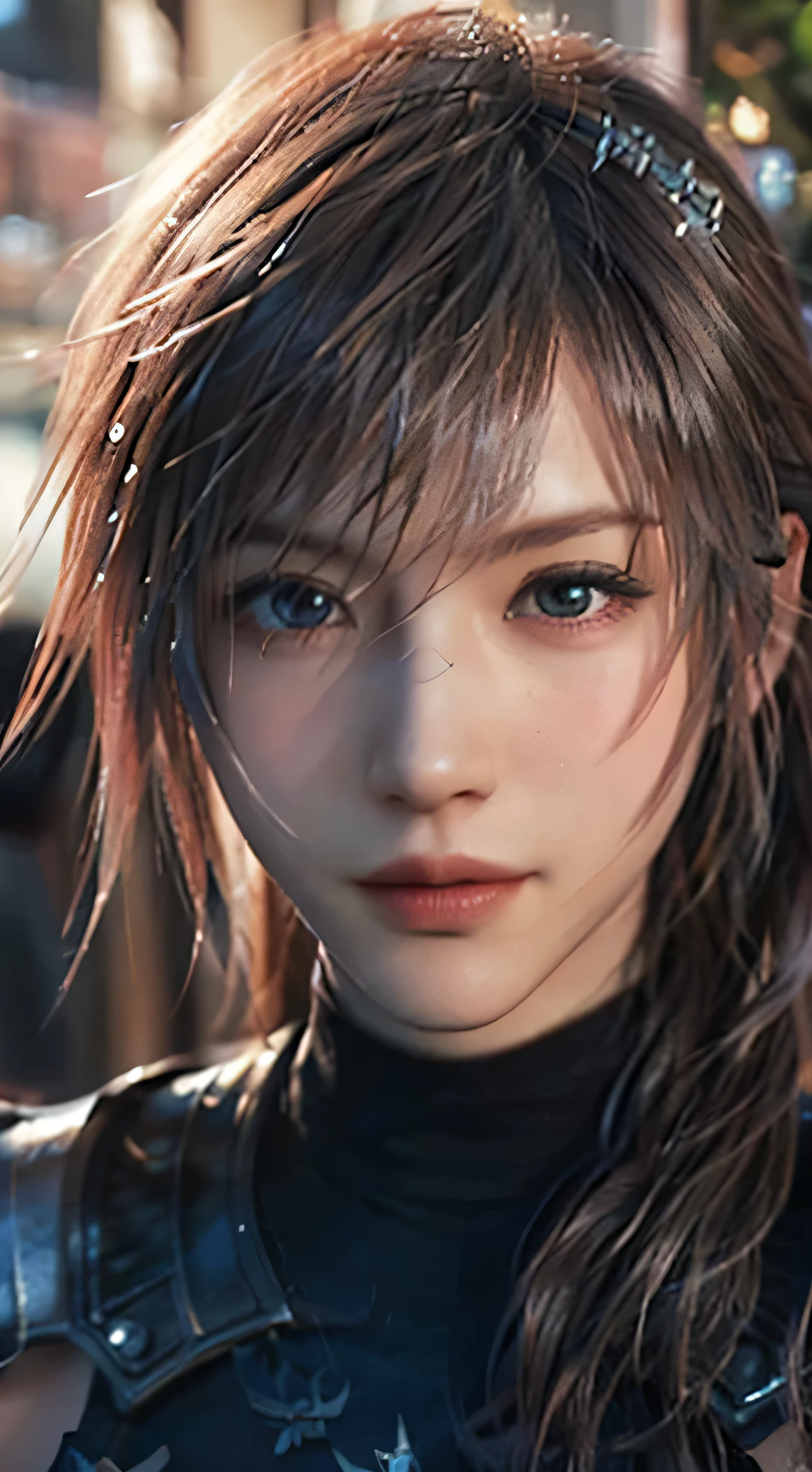 Trending on ArtStation, Trending on CGSociety, Intricate, High Detail, Sharp Focus, f 1.8, Dramatic, starry night sky, Lightning of Final Fantasy XIII, Lightning's original Final fantasy XII costume, red and black themed costume, looking at the camera, closed-mouth smile,20 years old, mature looking, Realistic Art of Drawing by Midjourney and Greg Rutkowski, Sketch, Masterpiece, Best Quality, short black hair, Very Detailed, 1female, Half-body, head to bust image scope, standing position, Beautiful Meticulous Eyes, Cute Face, Bust, big bossoms, Beautiful Meticulous Face, (Botanical Illustration: 1.5), no pornographical exposure, bigger breasts