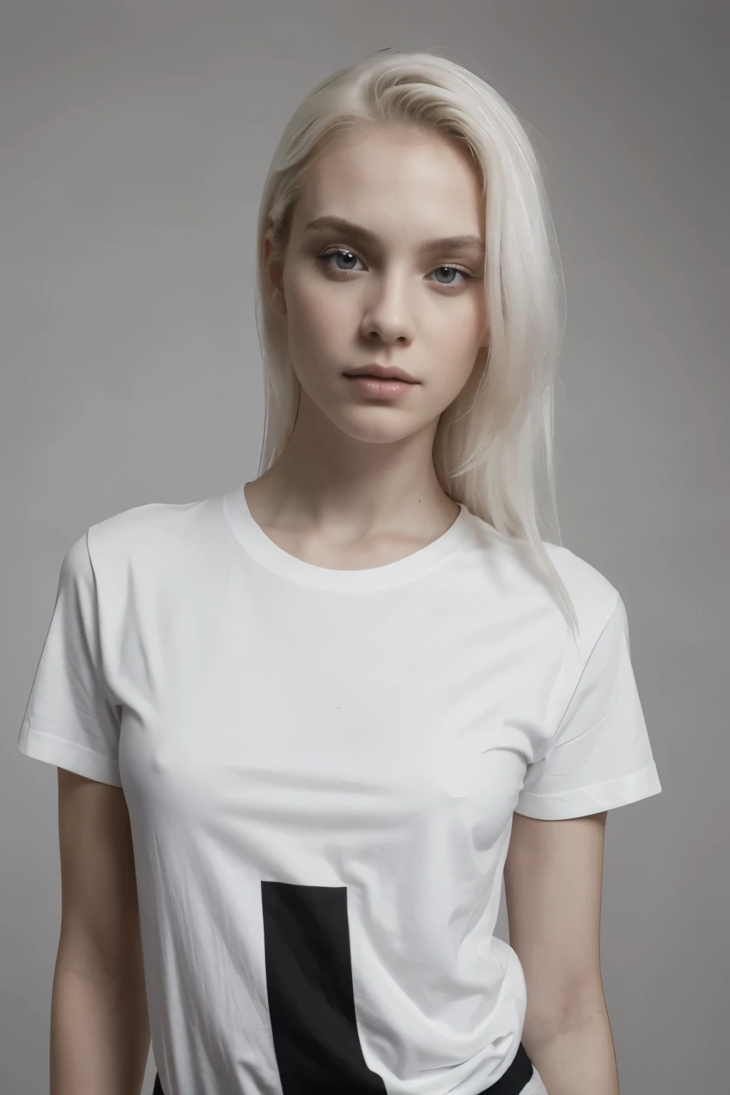 Create a layout for a ecommerce website that is predominantly black white and grey and minimalist that sells white and black Tee Shirts only, incorporate and display albino male model and dark female model in create ways posing and modelling, Company name is "Blanco De Nero"