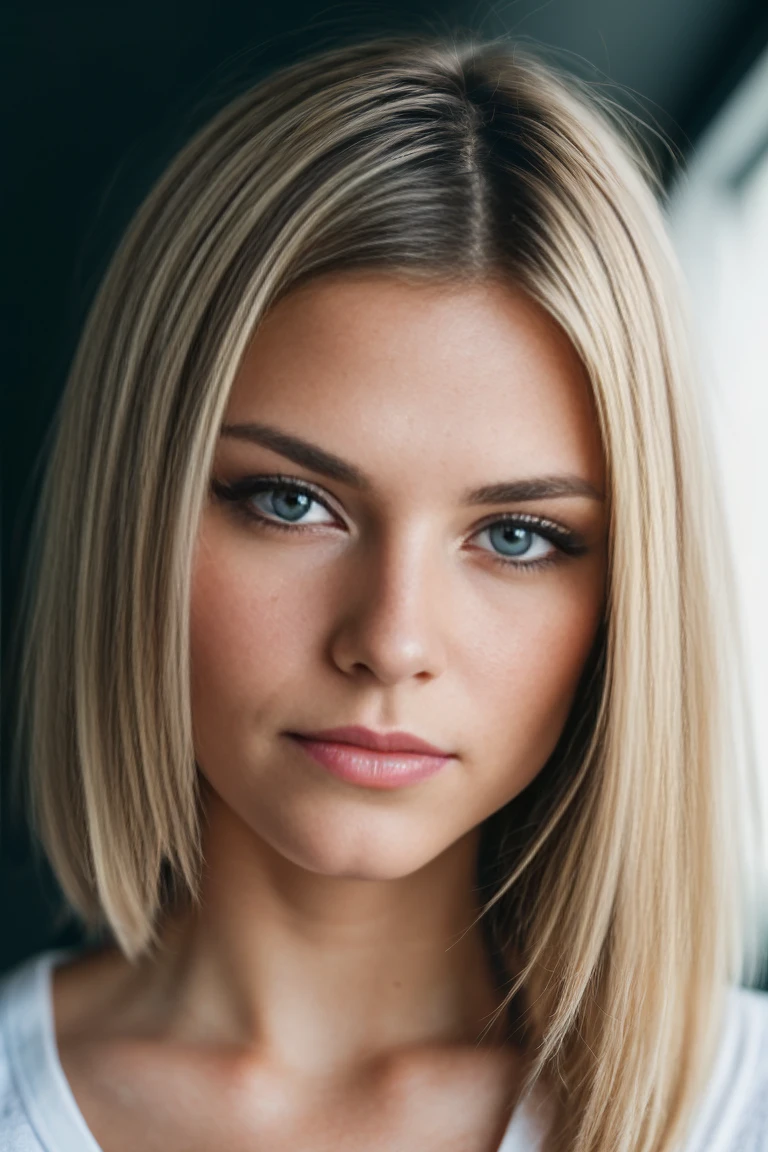 RAW uhd picture of a 24-year-old blonde, natural blonde hair, locks, straight hair, (blue-eyed woman) in an apartment, laying, breasts natural, , detailed (textures!, hair!, brightness, color!, imperfections:1.1), highly detailed bright eyes, (looking at the camera),  specular lighting, dslr, ultra quality, sharp focus, sharp, dof, film grain, (centered), Fujifilm XT3, crystal clear, center of frame, cute face, sharp focus, light pole, neon lights, bokeh, (dimly lit), low key, laying