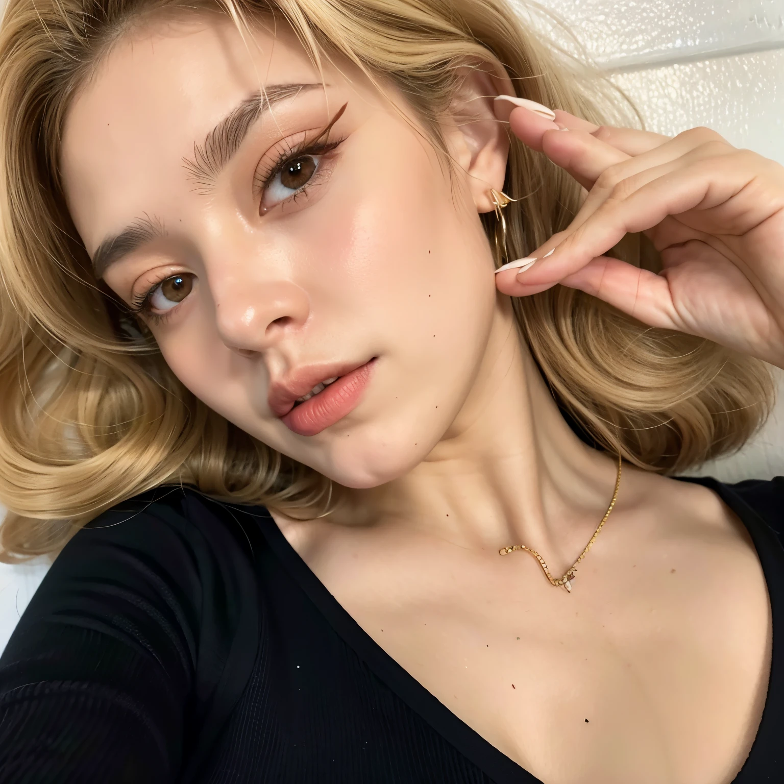 Un primer plano de una mujer con el pelo largo y rubio y una camisa negra, ava max, cabello rubio y ojos grandes, pale skin, suave e impecable, hermosa chica rubia, 18 years, long cabello rubio y ojos grandes, retrato de kim petras, pale skin cabello rubio rizado, pale skin y brillante, extremely pale white skin, piel blanca muy, very pale, Cara extremadamente hermosa blackpink jennie, bts Jungkook, blackpink lisa
