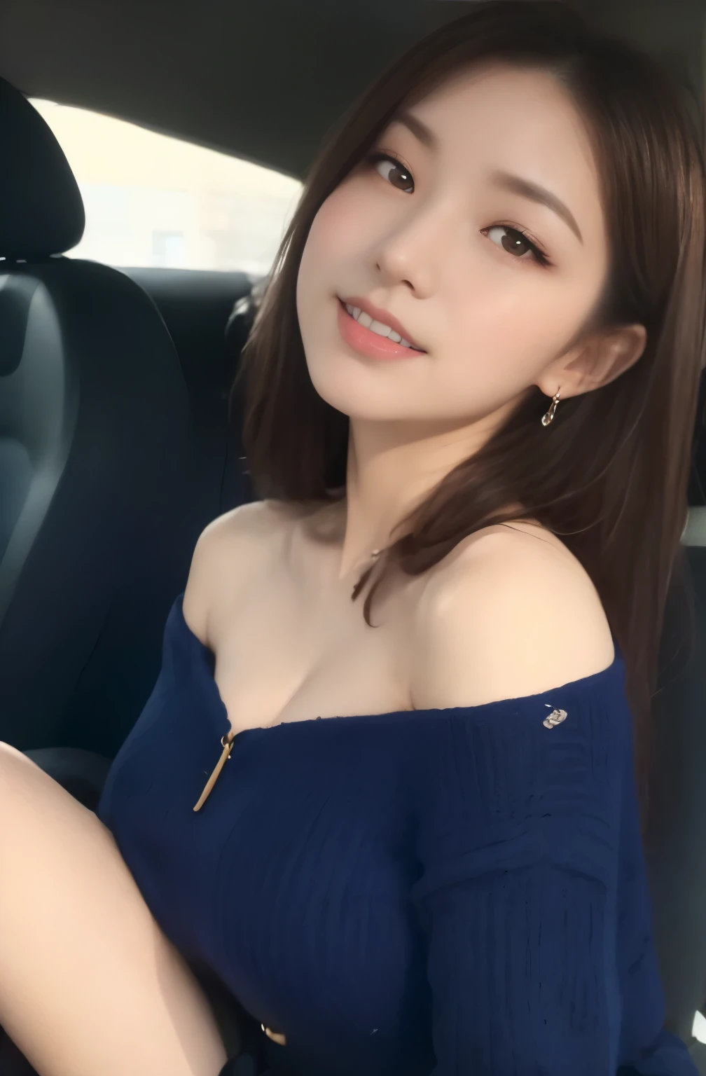 (24 year old lover), (big breasts:1.2),  in the car、High neck cable knit dress、high heel boots、White tight mini skirt、people in the car々々々、looking at camera、(masterpiece: 1.3), (maximum resolution: 1.4), (Super high quality: 1.2), cinematic light, Super high quality,make one&#39;My cheeks turned red:1.2、 (fine eyesと肌), (detailed facial features), nffsw, 8K resolution, perfect style, beautiful expression、Highly detailed face and skin texture、fine eyes、double eyelid、eye shadow:1.2、Blue Eyeliner:1.2、shiny skin、(Fair skin:1.6)、red rouge、dark lipstick:1.2、shiny small earrings、glossy lips:1.2、((full body shot:1.2))、(layered hairstyles、light brown hair)、medium long hair、(very charming smile:1.2)