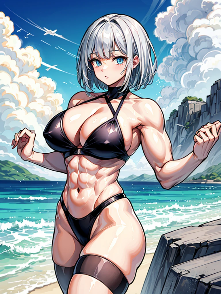 (((masterpiece、Highest image quality、highest quality、highly detailed unity 8kwallpaper)))、((Illustration of one girl))、(((beautiful girl)))、((white hair、short hair、light blue eyes))、(((stocky build, thickset physique, muscular legs, broad shoulders, solid chest:1.6)))、swimsuit、sandy beach