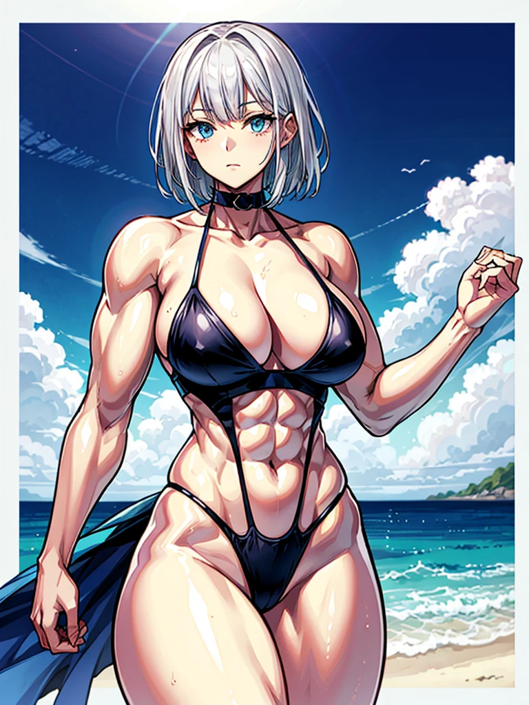 （（（masterpiece、Highest image quality、highest quality、highly detailed unity 8ｋwallpaper）））、（（Illustration of one girl））、（（（beautiful girl）））、（（white hair、short hair、light blue eyes））、（（（stocky build, thickset physique, muscular legs, broad shoulders, solid chest：1.6）））、swimsuit、sandy beach