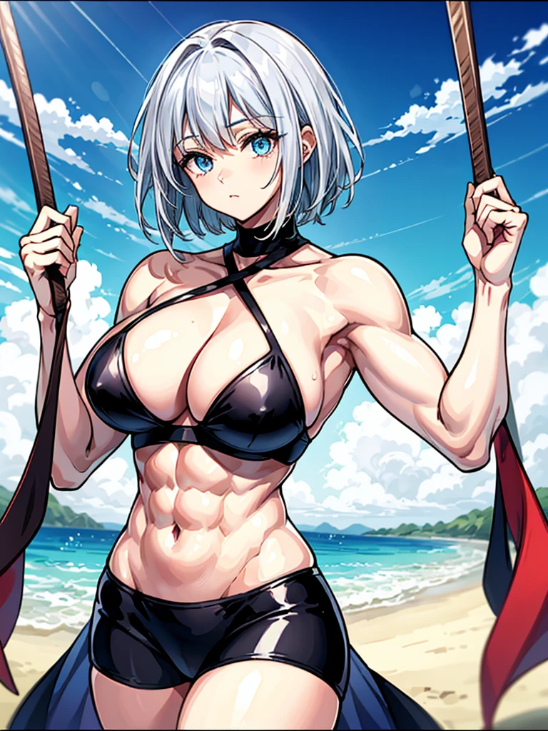 （（（masterpiece、Highest image quality、highest quality、highly detailed unity 8ｋwallpaper）））、（（Illustration of one girl））、（（（beautiful girl）））、（（white hair、short hair、light blue eyes））、（（（stocky build, thickset physique, muscular legs, broad shoulders, solid chest：1.6）））、swimsuit、sandy beach