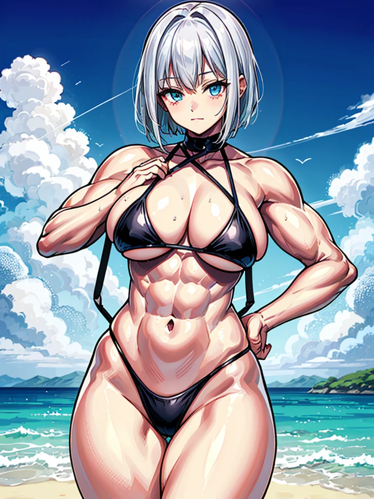 （（（masterpiece、Highest image quality、highest quality、highly detailed unity 8ｋwallpaper）））、（（Illustration of one girl））、（（（beautiful girl）））、（（white hair、short hair、light blue eyes））、（（（stocky build, thickset physique, muscular legs, broad shoulders, solid chest：1.6）））、swimsuit、sandy beach