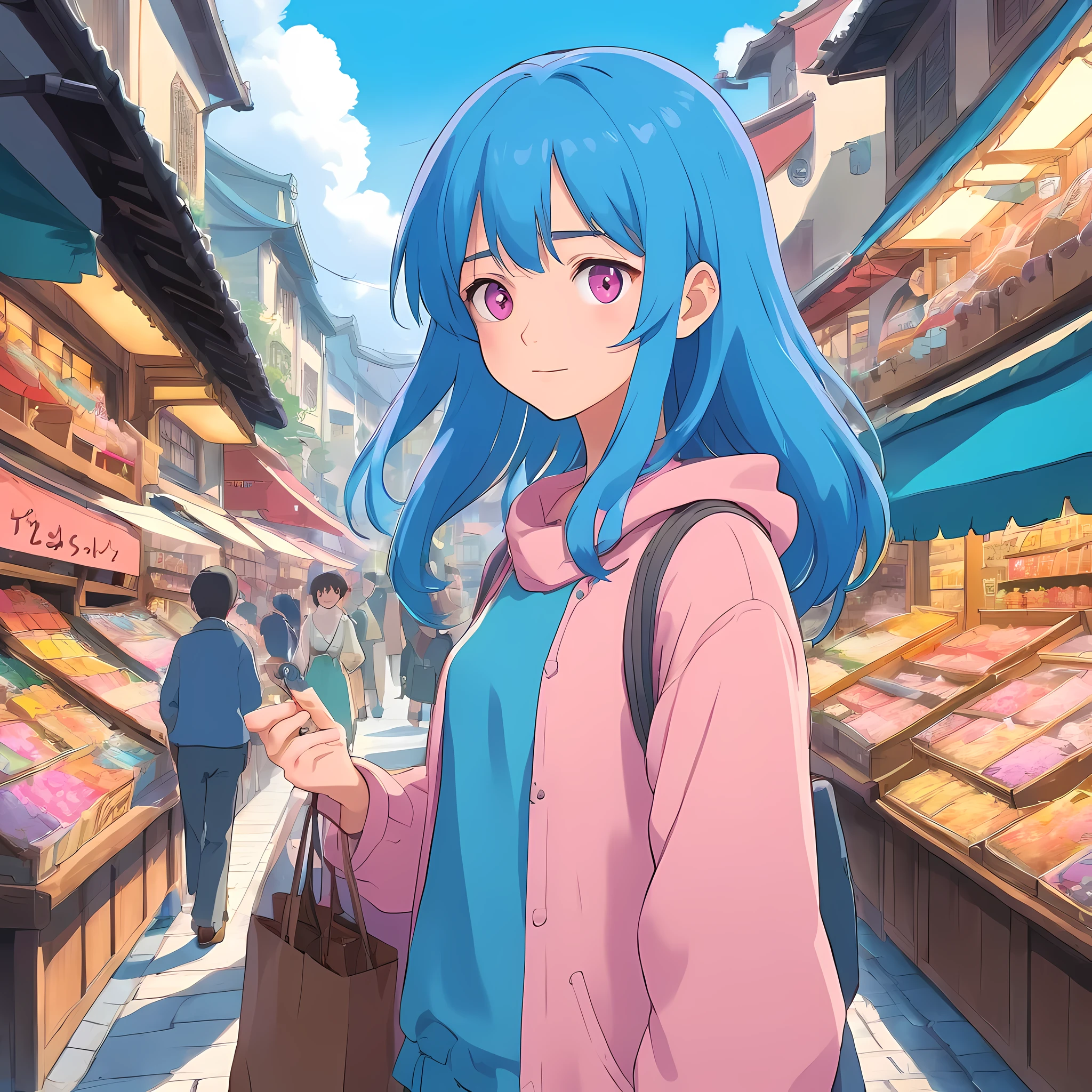 A cute blue hair woman with pink eyes buying stuff in a pretty street rich of creative stalls