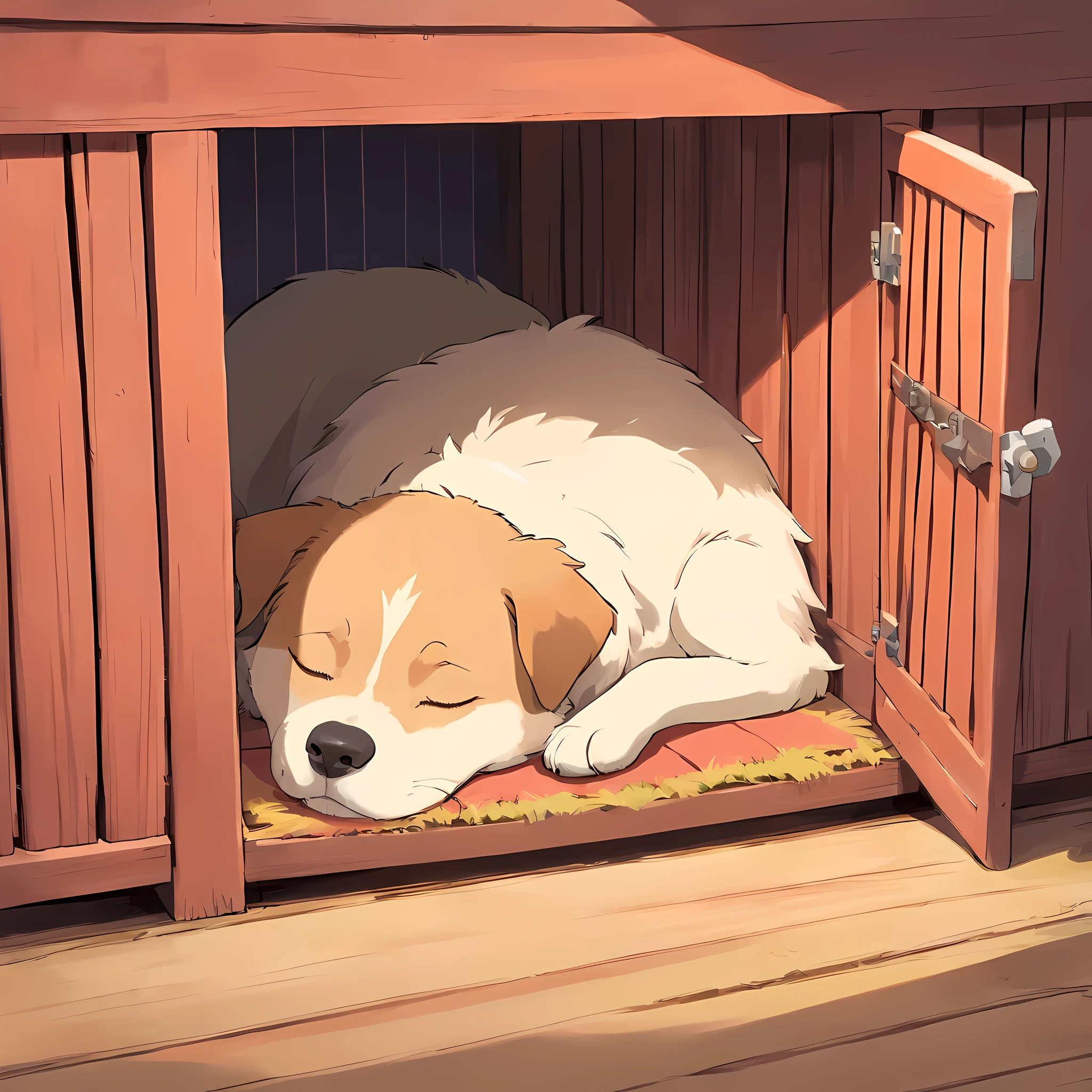 Funny dog sleeps in his kennel