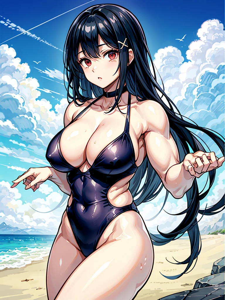 (((masterpiece、Highest image quality、highest quality、highly detailed unity 8kwallpaper)))、((Illustration of one girl))、(((beautiful girl)))、((black hair:1.4、Very Longhair、straight、golden hair ornament、red eyes))、(((sanpaku:1.6)))、(((sanpaku:1.6)))、(tall、stocky build:1.6, thickset physique:1.3, muscular legs, broad shoulders:1.3, solid chest:1.3)、swimsuit、sandy beach
