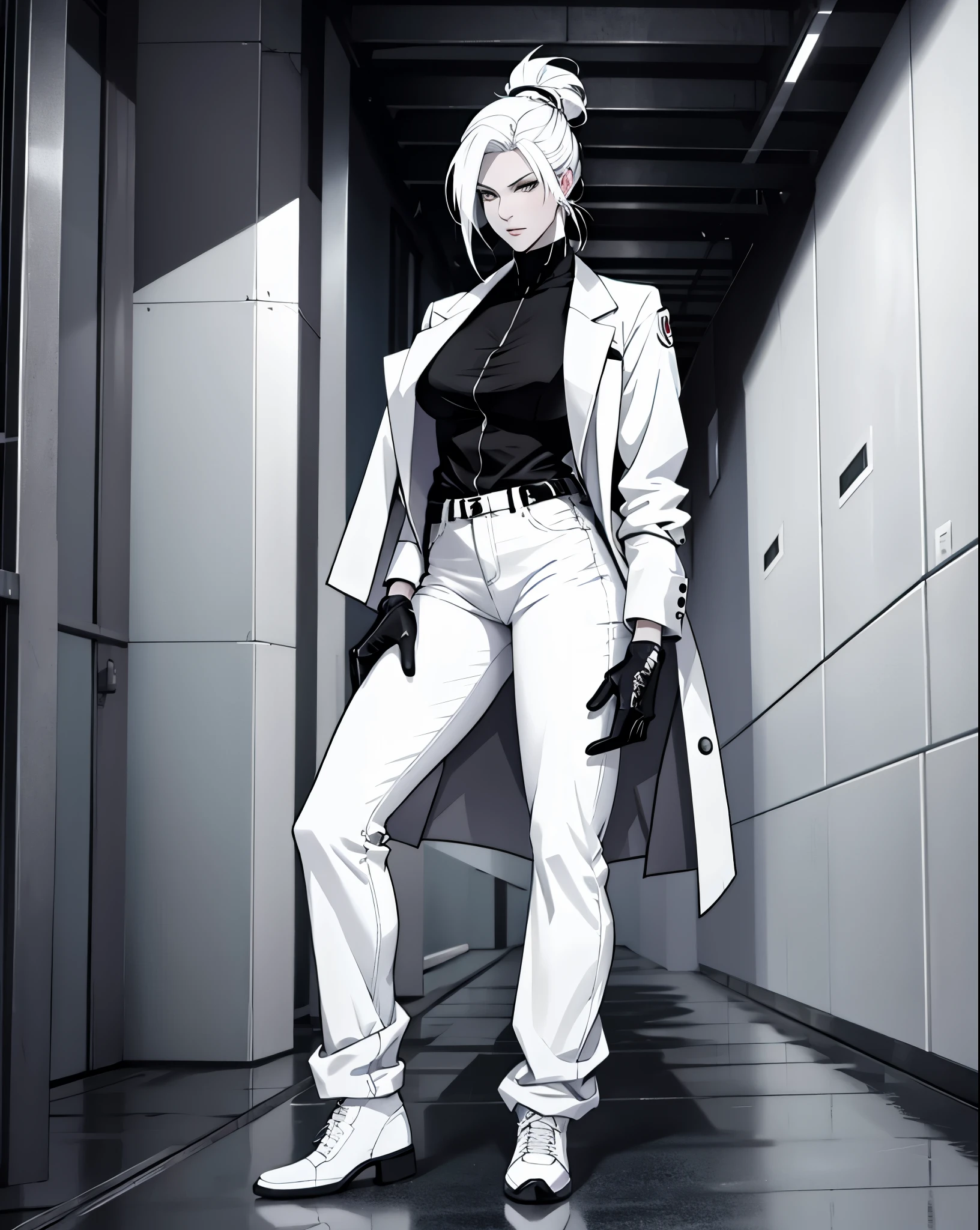 high quality, highly detailed, 4K, masterpiece, sole_female, mature female, pale skin, white hair, straight hair, high bun,  black eyes, loose plain black business jacket, plain white shirt, plain white gloves, plain white straight jean, white shoes, full body view, city background, anime