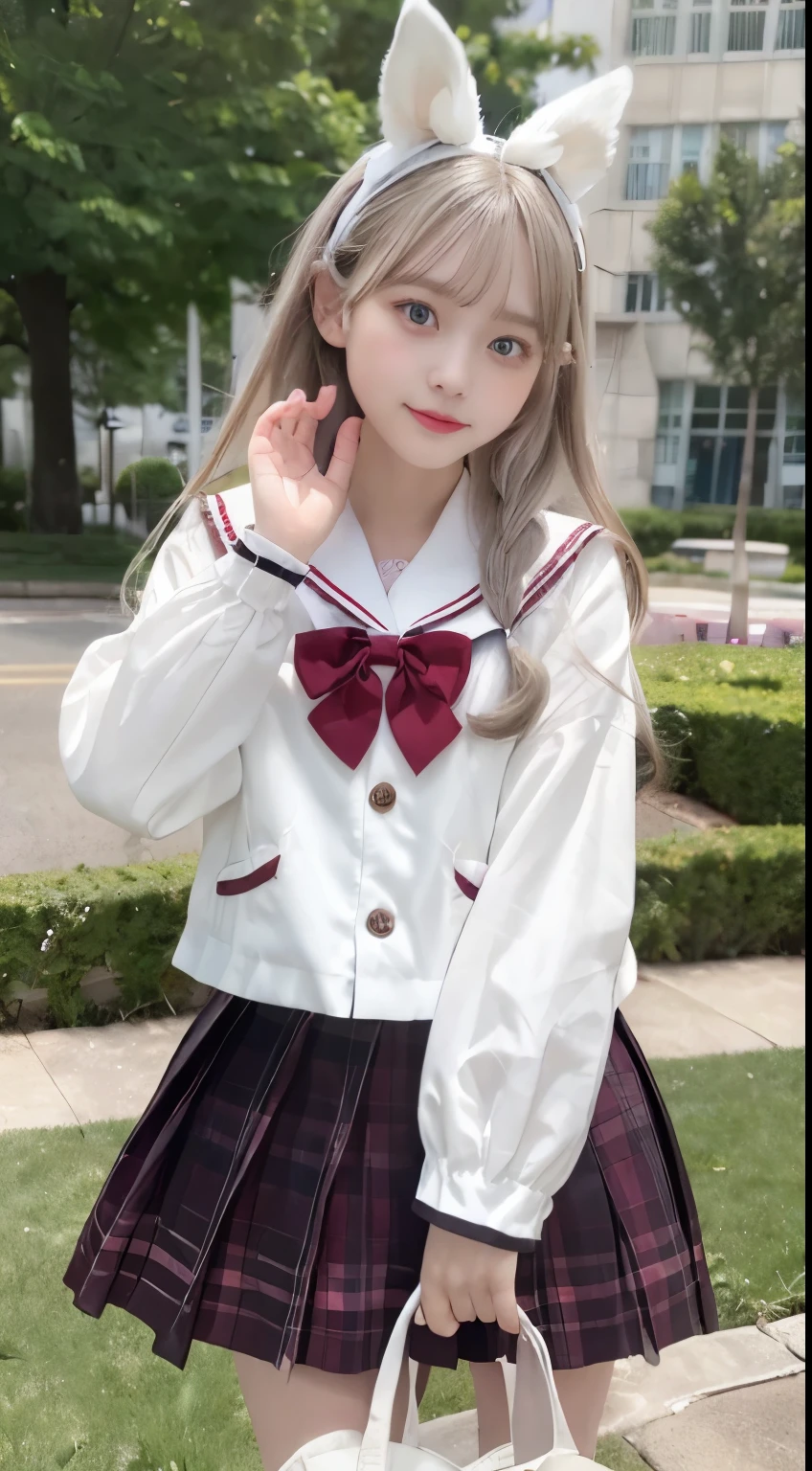 smile, absurdres, absolutely resolution, highres, texture, (masterpiece: 1.5), (best quality:1.5), (flower garden), school, outdoor, (depth:1.1), BREAK
1girl, standing, (white rabbit ears:1.1), (straight ears), (gentle smile:0.9), (highly detailed beautiful face and eyes), (platinum hair:1.1), wavy hair, (long hair:1.0), wind, french braid, ribbon, (dark red eyes:1.0), (white sailor suit),(mini skirt:1.2), elegant, medium breasts, cowboy shot, looking at viewer, 