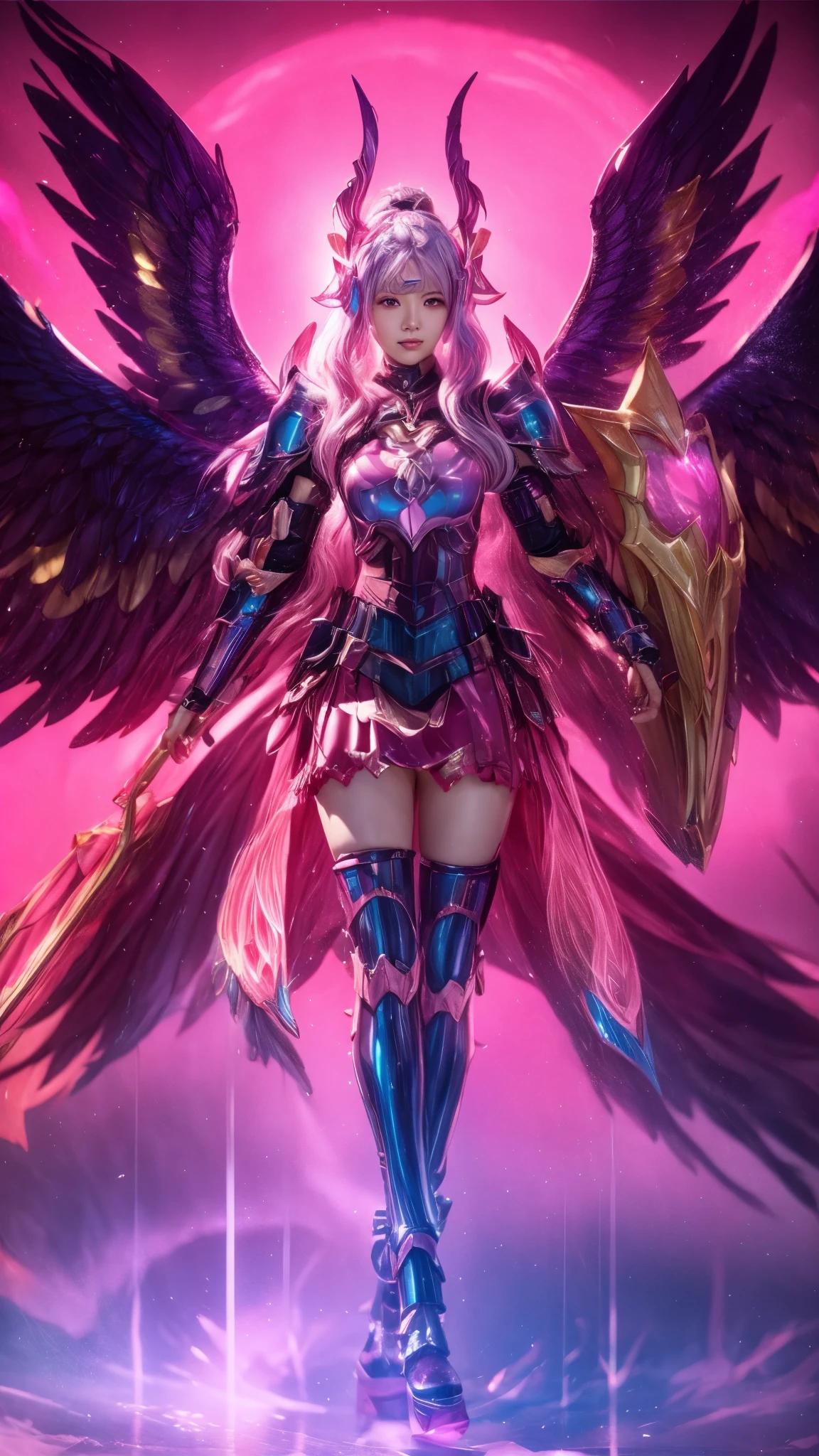 a woman with wings and armor holding a sword in front of a pink background, as a mystical valkyrie, league of legends character, mystical valkyrie, extremely detailed artgerm, rossdraws cartoon vibrant, rossdraws 2. 0, angel knight girl, rossdraws 1. 0, rossdraws sakimimichan, rossdraws digital painting, rossdraws 2. 5 , extreme realistic