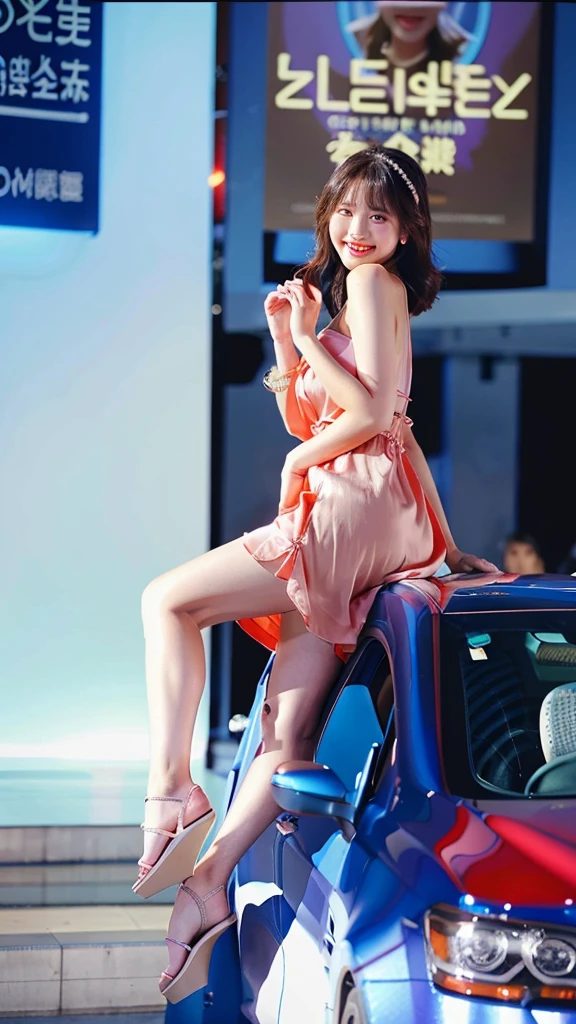 (car sit)、(Diagonal back angle)、Alphafie woman in a blue silk dress, very sexy, giant legs towering over you, big breasts、Korean beauty in blue silk dress, beautiful feet、(show me your back)、(show me your back)、(((look back and smile)、 smooth legs,( Shot from behind diagonally), his cute dress ,sexy, Charm, sexyなドレス, silk blue show dress, とてもsexy, I can see my feet, juicy legs、toothy smile、-smiling face、(background car venue)、(Surrounded by photographers)、