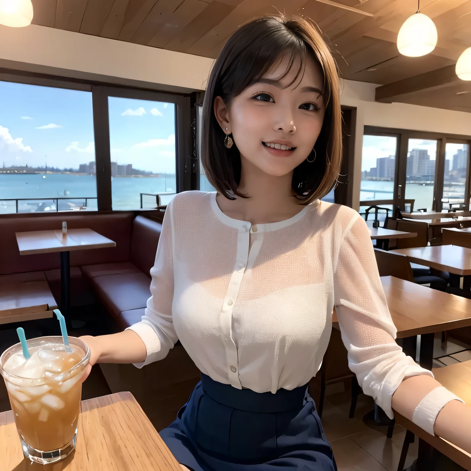 angle from below, a woman has light-brown-skin, round face, blush, short-hair, (casual-clothes, thin-blouse, swollen nipples, skirt), tiny stud earrings, terrace seat of the restaurant, (foods and drinks are on the table), (combing her hair herself), smile, got drank, ceiling, floor, large window has a bay harbor view,