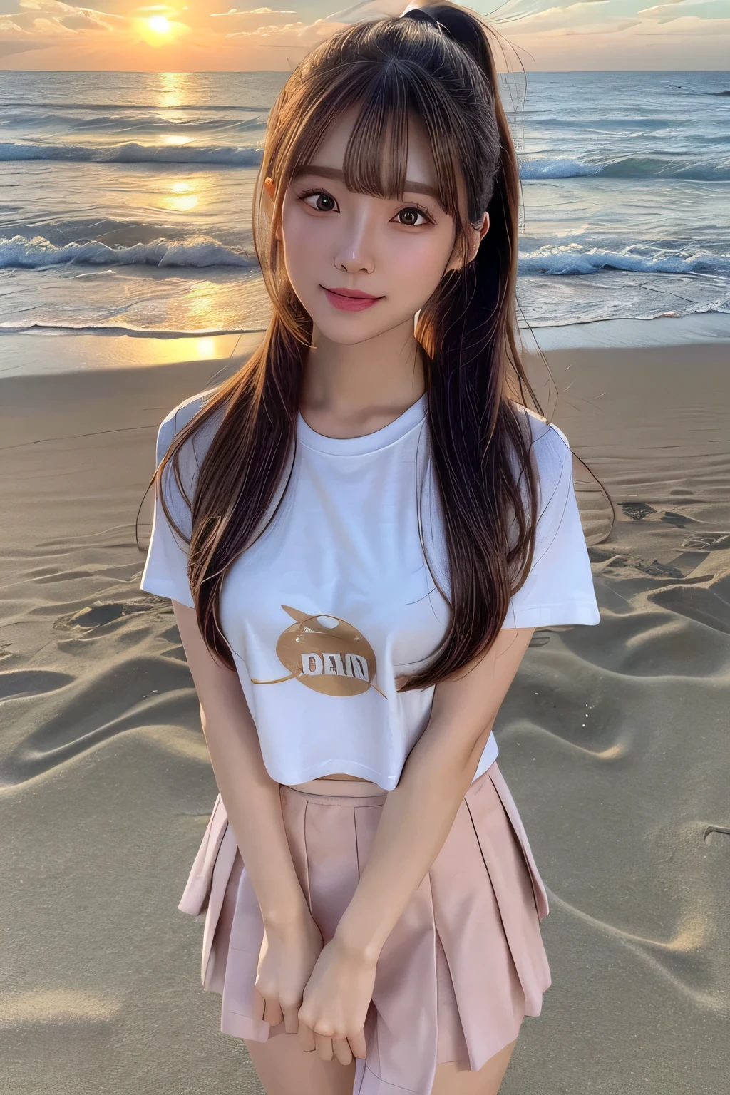 8 thousand,best quality, table top, very detailed, Ultra A high resolution, realistic, RAW photos, absurd, absolute resolution, 1 girl, looking at viewer,Korean young pretty woman, very cute face, Glamorous Figure, Beautiful straight long bob hair laugh,(Crop tee and short skirt :1.3),detailed eyes,.),빛me는 입술, Double eyelids in both eyes, natural makeup, Shiny and soft light brown long ponytail hair, asymmetrical bangs, 빛me는 피부, centered image, high resolution, high detail, detailed hairstyle, detailed face, Brilliant cinematic lighting, octane rendering, vibrant, 초realistic인, perfect limbs, complete anatomy, Selfie with sunset beach scenery in the background, me'me V하고 있어, Smiling brightly