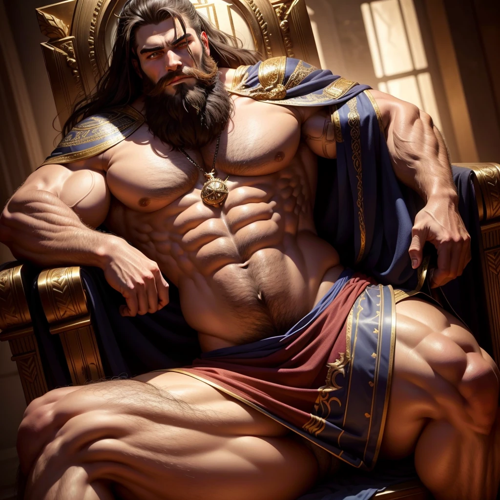 god-king, sitting on throne,Bearded, There is nothing on the upper body, Wearing sexy erotic loincloth,loincloth tight on his lower body, legs are spread wide, large thighs, large muscular pecs, huge butt, round butt