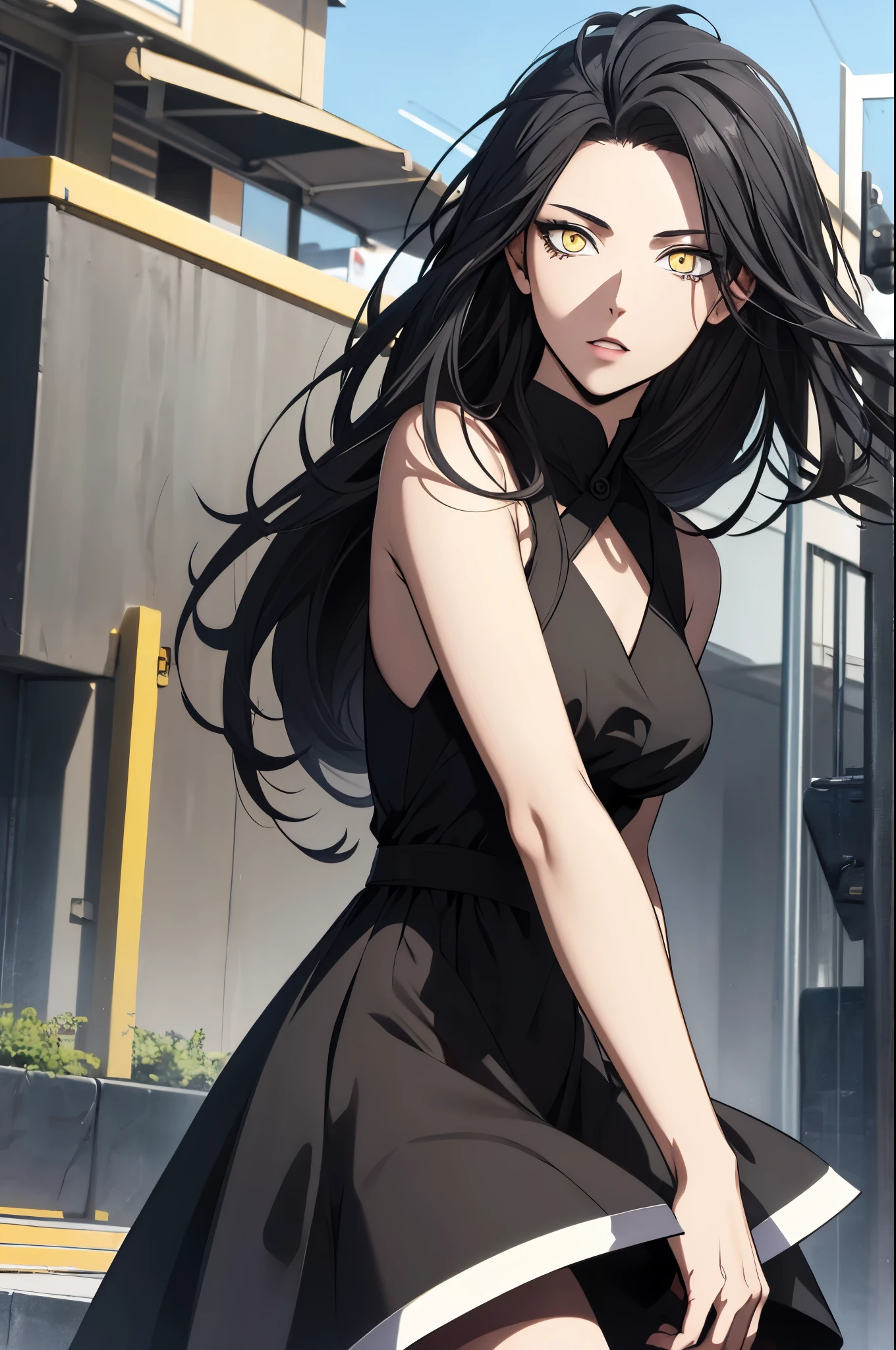 black hair,yellow eyes,(high quality eyes),masterpiece, best quality, high quality, highres, outdoors, looking at viewer, (((black dress))), Jenny,
