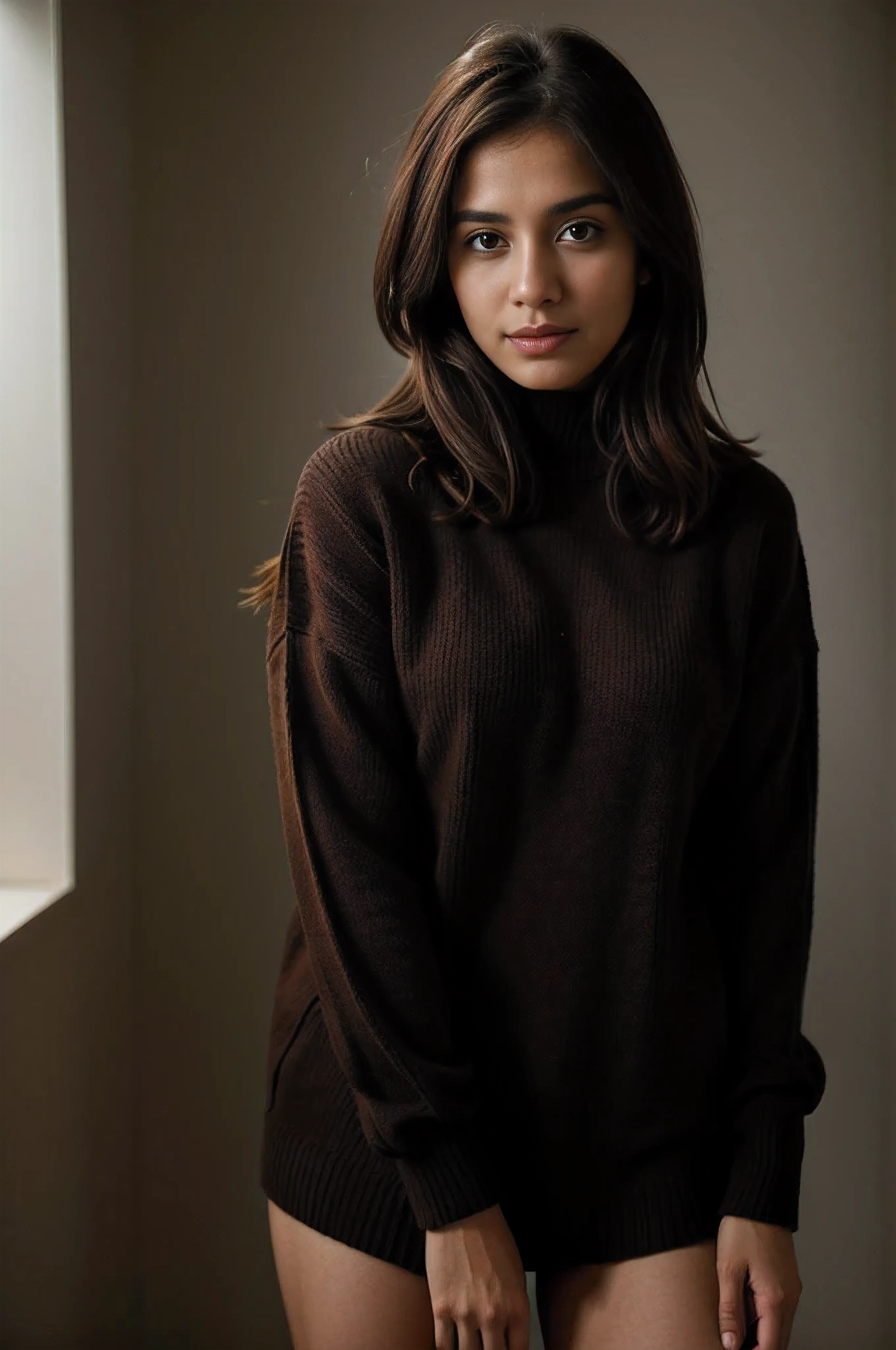 Portrait of a model pakistani woman with brown hair in a warm designer sweater, in the style of branded clothing, With the sweater in full view, Panasonic GH5, happy expressions, low key image, sharp texture, dark background, high depth, cinematic light,