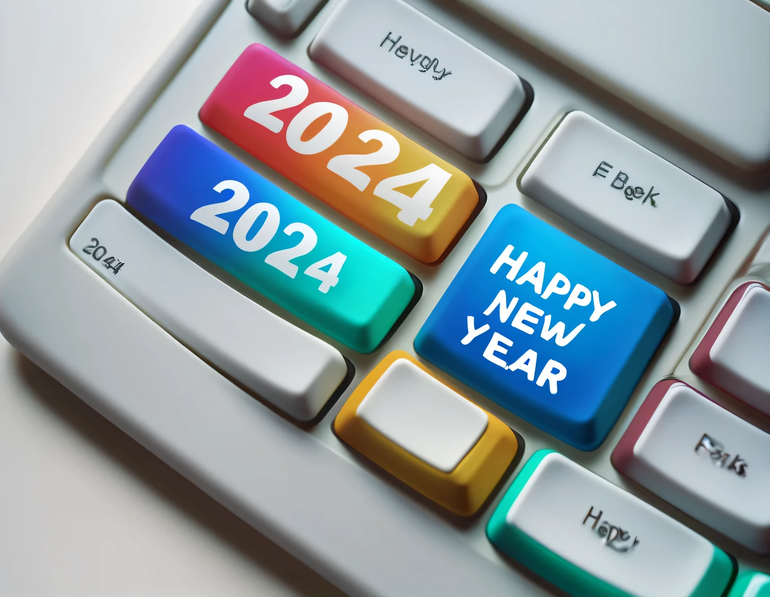 Cute cartoon colorful transparent keyboard with words "2024" and "Happy New Year" Written on it (Written "2024": 1.37), close up