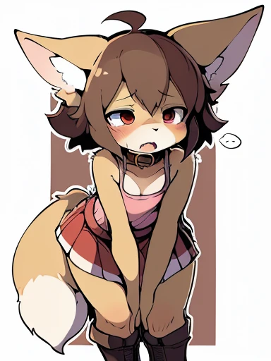 (loli, anthro, fennec fox, small hair, small ahoge, light brown hair, small snout, flat chest, fox tail, little thighs, ((long fur, yellow fur)), round head, round chin, small fangs and big red eyes) wearing (brown collar, pink blouse, red skirt, long skirt, leather belt, brown boots), standing, bending forward, arms extended, extremely tired, by dagasi, by diives