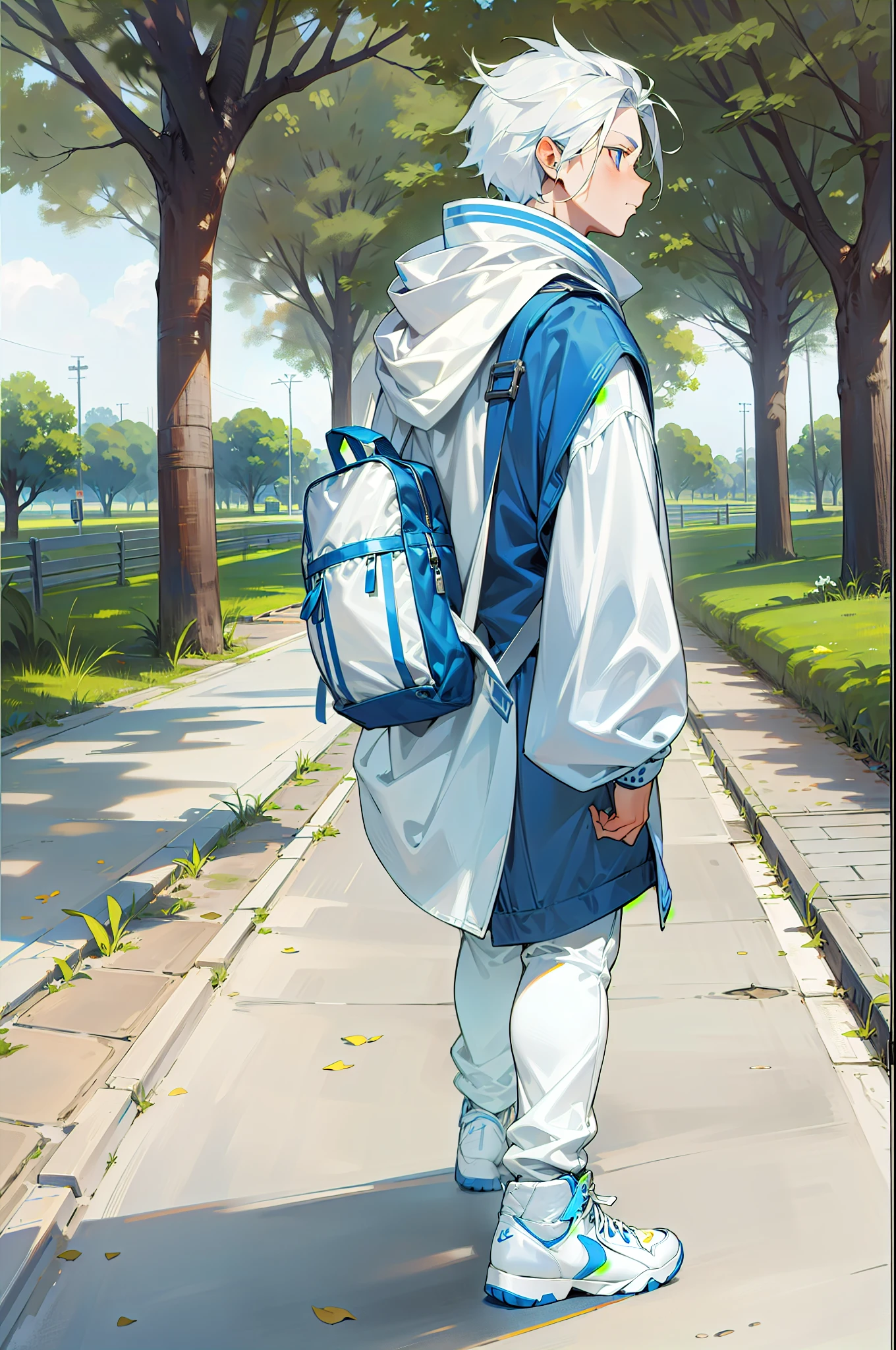 1male, casual clothing, white hair, silver eyes, blue/white cape, blue longsleeved shirt, Jordan 1 retro offwhite, white nike backpack, park background, walking on path, detailed eyes