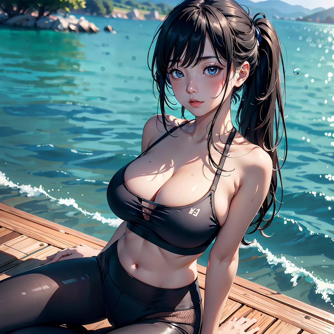 (highest quality,high resolution,(Ultra high fine mesh,4K), (ultra high resolution,8K),muste piece:1.2), (perfect anatomy,anatomically accurate), (Angle from above), (girl doing yoga), semi-nude, (in the center of the lake), Peaceful and calm background Beautiful and detailed eyes, flowing long hair, yoga clothes(leggings), elegant pose, soft and gentle lighting, (very detailed and beautiful face), professional photography techniques, Bright colors, natural light, (very detailed and beautiful face), (large breasts:1.3), Close ~ eyes