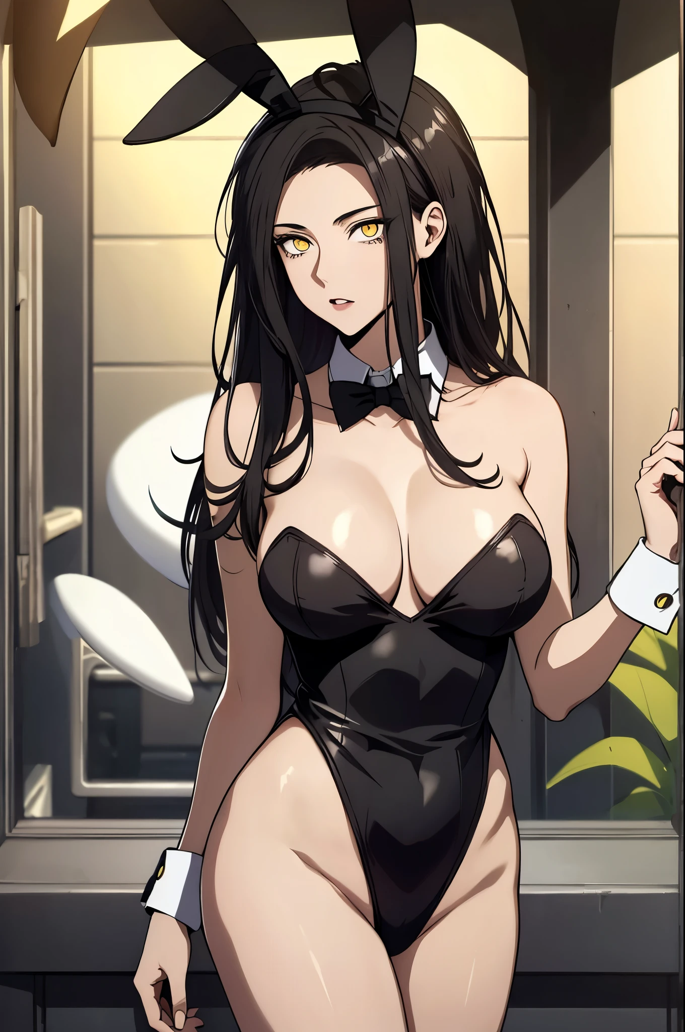 black hair,yellow eyes,(high quality eyes),masterpiece, best quality, high quality, highres, outdoors, looking at viewer, (((playboy bunny))), Jenny, tall female,