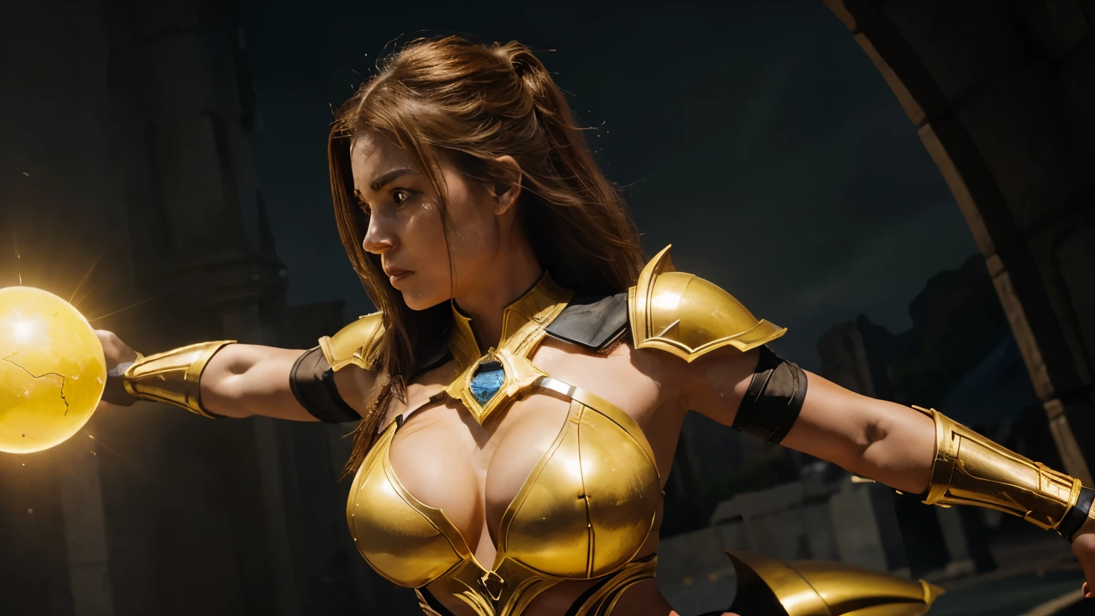 A realistic, fantasy art style representation of a muscular female warrior in sleek, form-fitting yellow armor, showcasing her strength and agility. The armor includes a helmet, enhancing her formidable appearance. She wields a glowing orb of yellow light in her hand, symbolizing her mystical powers. The background features a futuristic landscape with towering structures and advanced technology, highlighting her dominance in a sci-fi realm. Focus on detailed and realistic elements, emphasizing the warrior's curvaceous figure and the advanced setting.