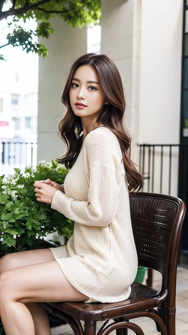 dark brown hair、light brown eyes、Japanese actress face、 lady、looks like him;I'm about 40 years old、(intricate details:1.2)、(Which is the top?:1.4)、 (Super high resolution:1.2)、Super high resolution、(finely tuned)、(detailed facial features)、nffsw、8K resolution、D cup size breasts、long hair、Paris、Parisのカフェ、White flowers bloom at the entrance of the cafe.、Cafe entrance surrounded by flowers、sitting on a chair on the terrace of a cafe、leaning on the back of the chair、beautiful legs、full body photo、head to toe shot、