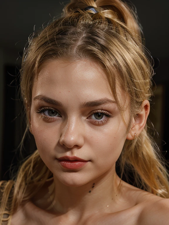 Slavic girl 26 years old, blonde hair, petite, slim, ponytail, dark red lips, close look straight in to eyes, photorealistic,